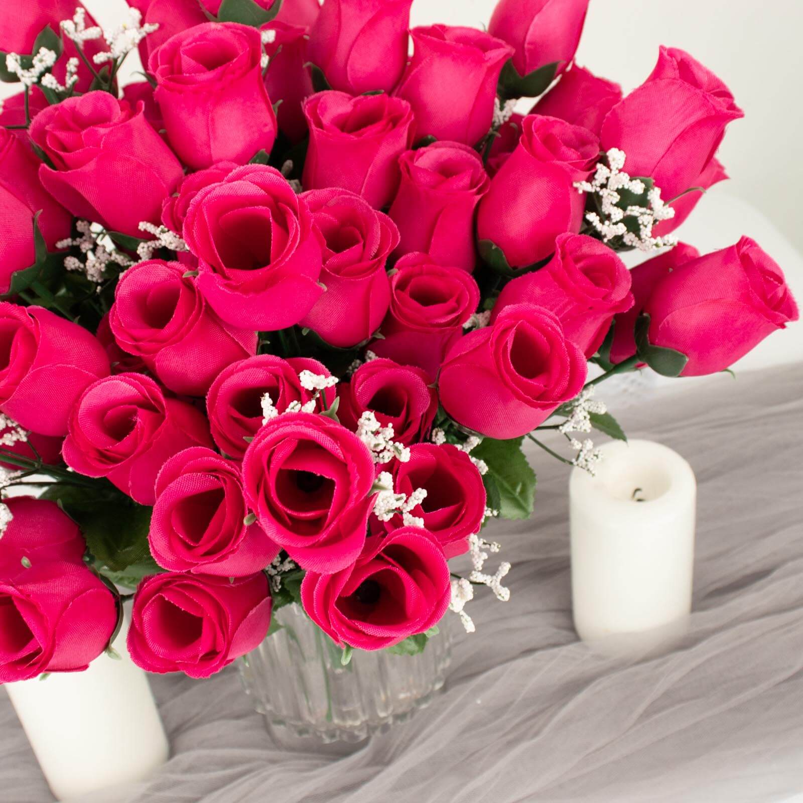 12 Bushes Fuchsia Artificial Premium Silk Flower Rose Bud Bouquets - Image 2