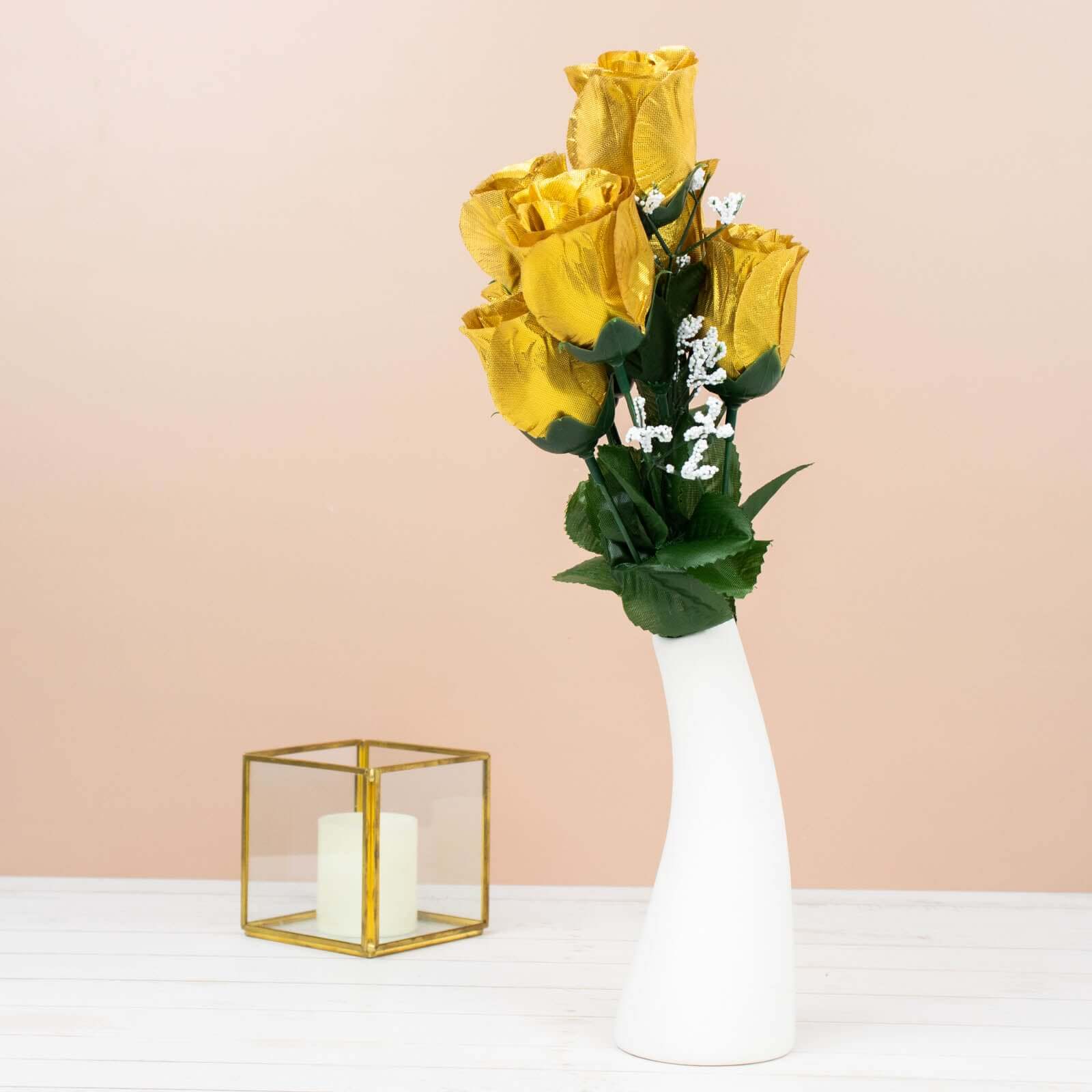 12 Bushes Gold Artificial Premium Silk Flower Rose Bud Bouquets - Image 8