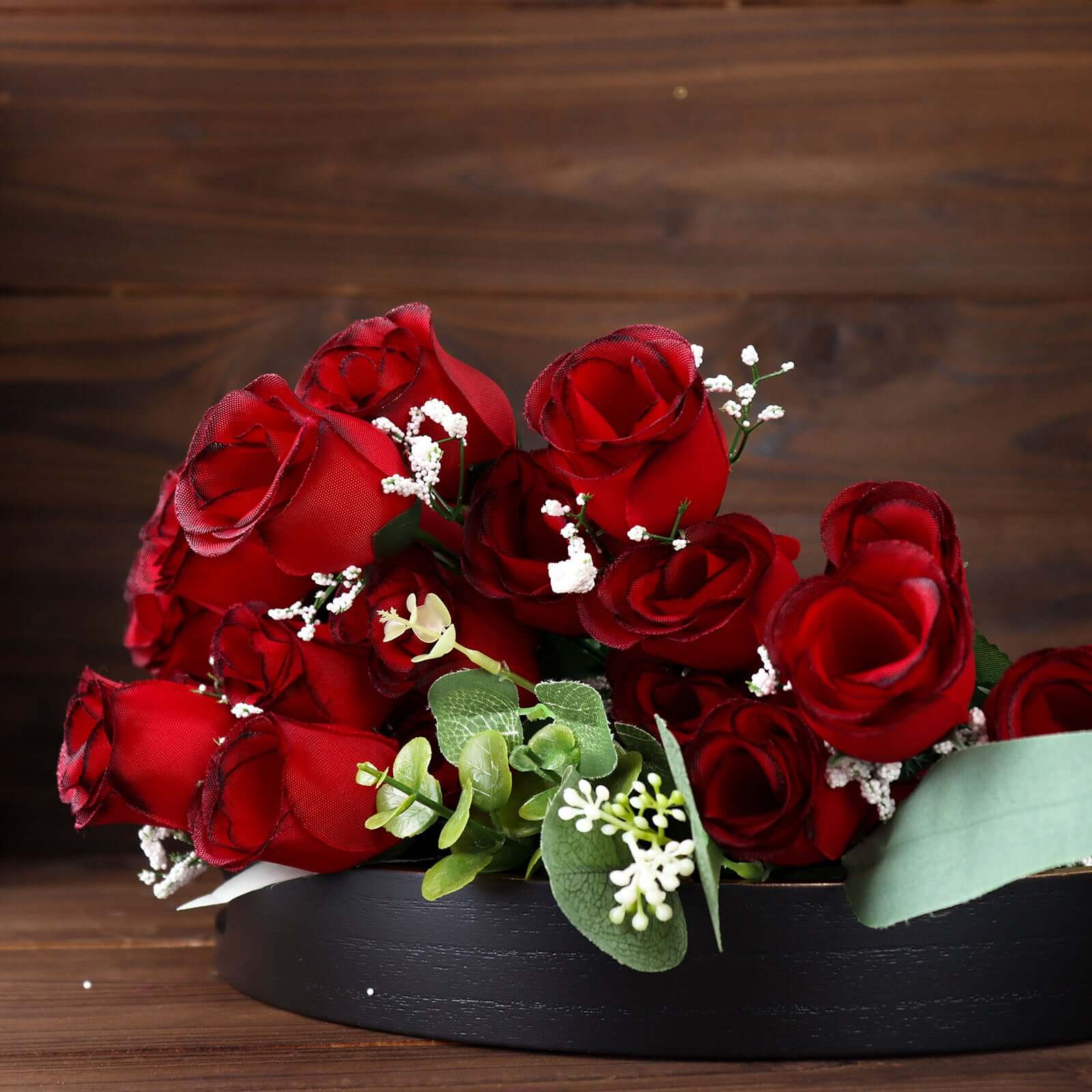 12 Bushes Red, Black Artificial Premium Silk Flower Rose Bud Bouquets - Image 2