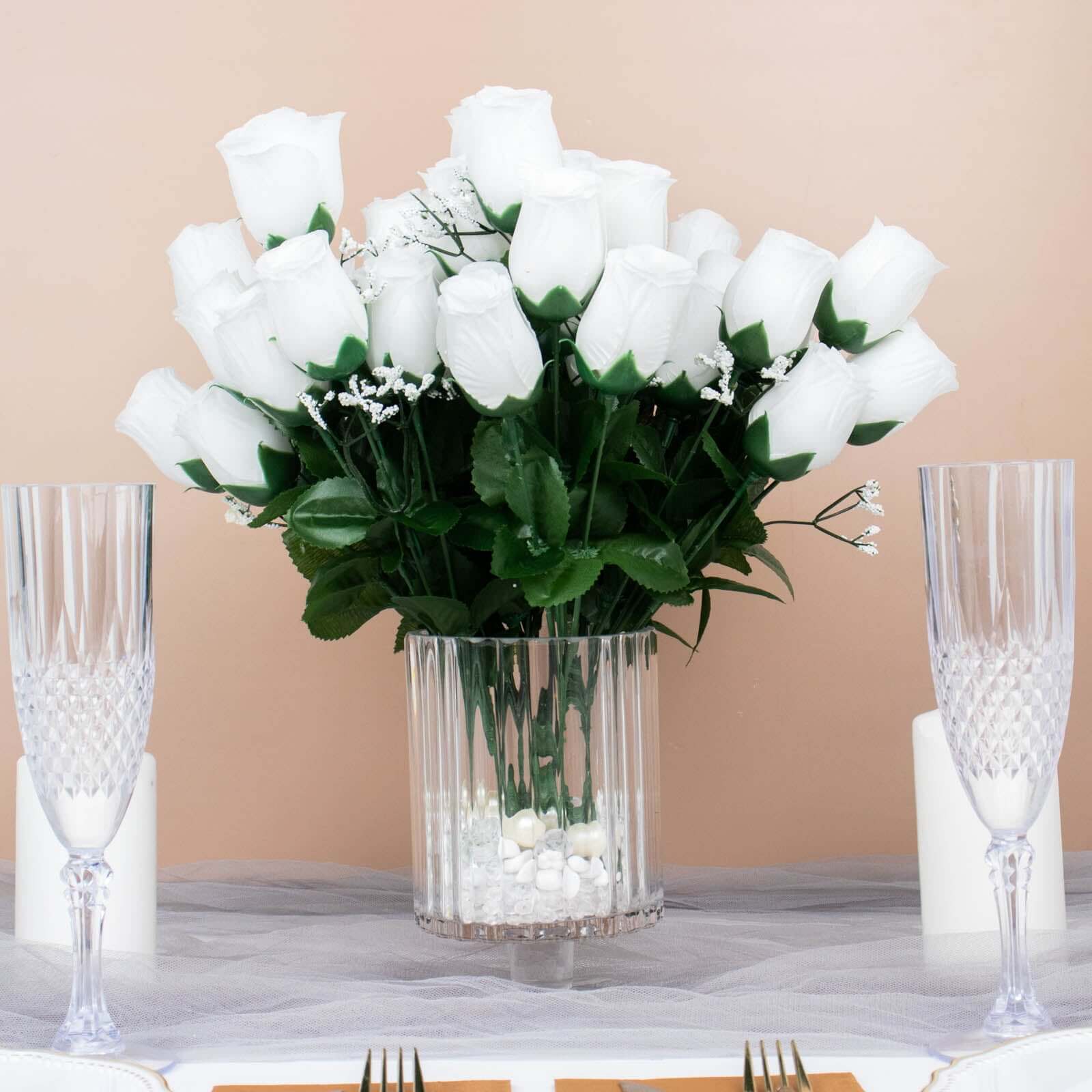 12 Bushes White Artificial Premium Silk Flower Rose Bud Bouquets - Image 8