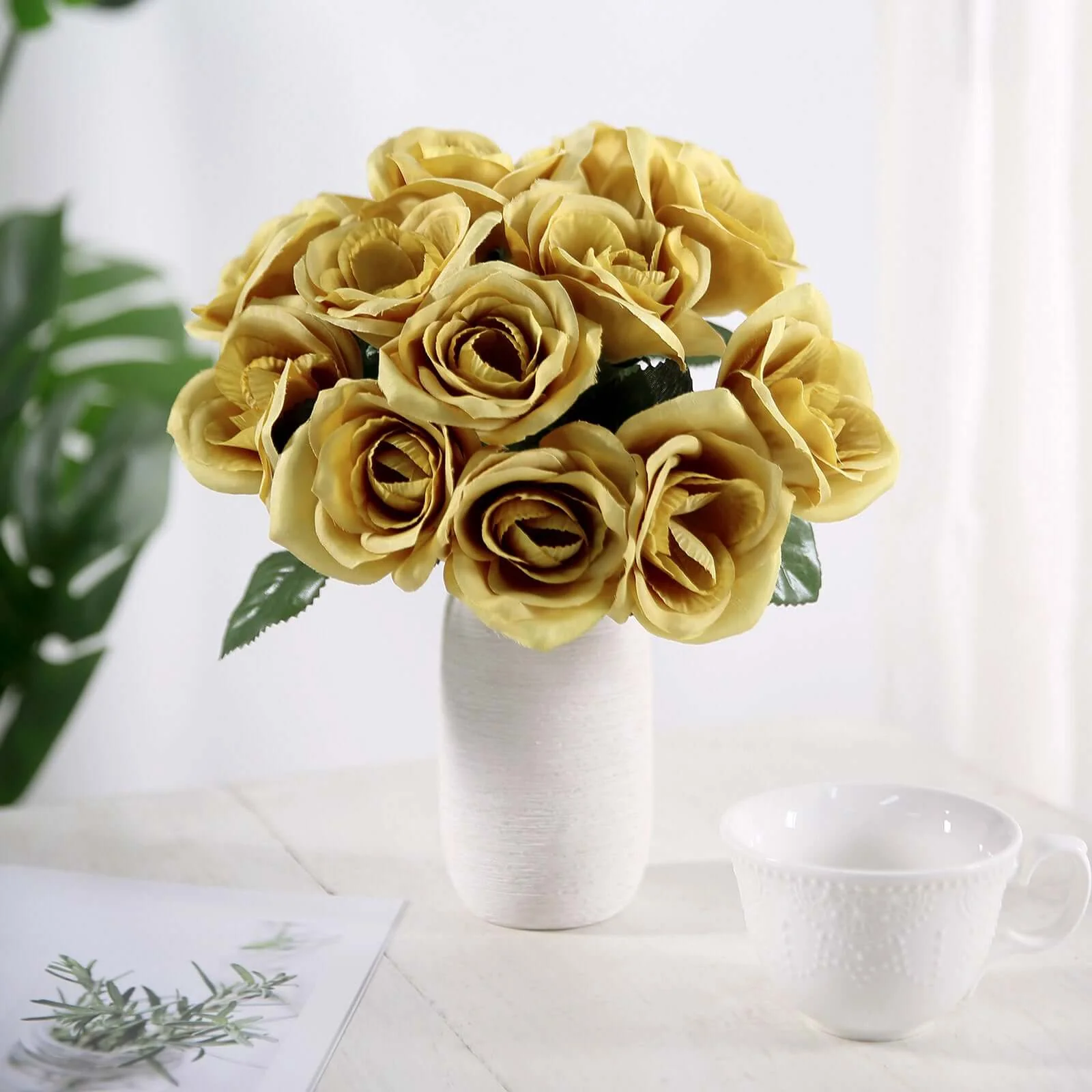 Gold Artificial Velvet-Like Fabric Rose Flower Bouquet Bush 12"