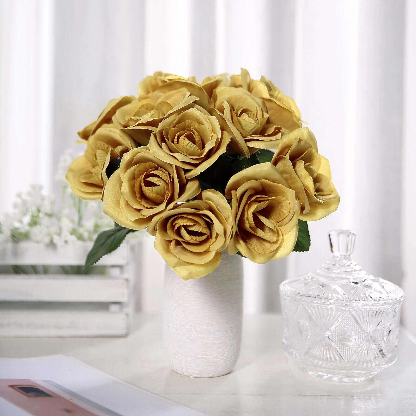 Gold Artificial Velvet-Like Fabric Rose Flower Bouquet Bush 12" - Image 10
