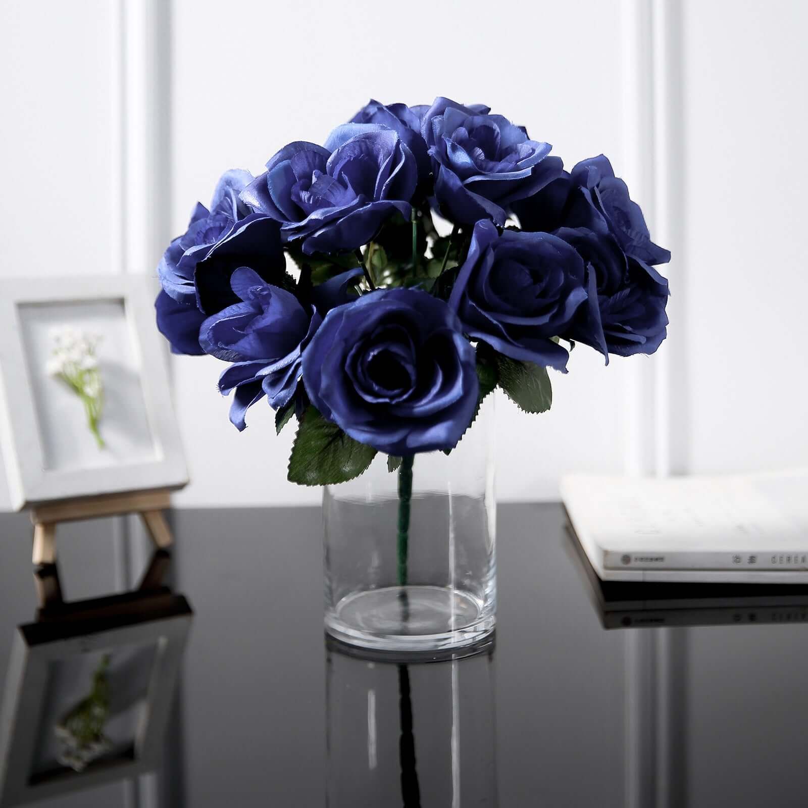 Navy Blue Artificial Velvet-Like Fabric Rose Flower Bouquet Bush 12" - Image 7
