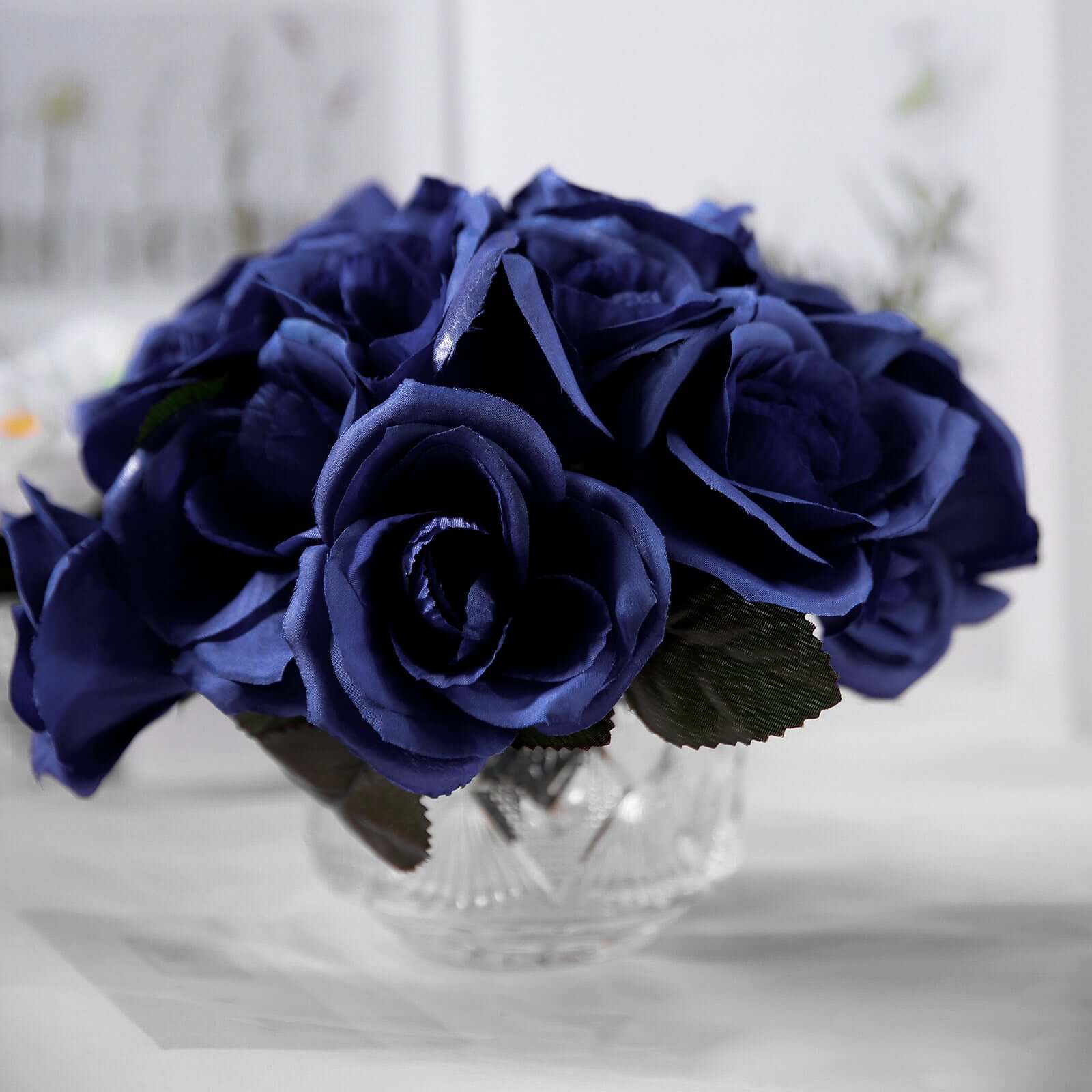 Navy Blue Artificial Velvet-Like Fabric Rose Flower Bouquet Bush 12" - Image 8