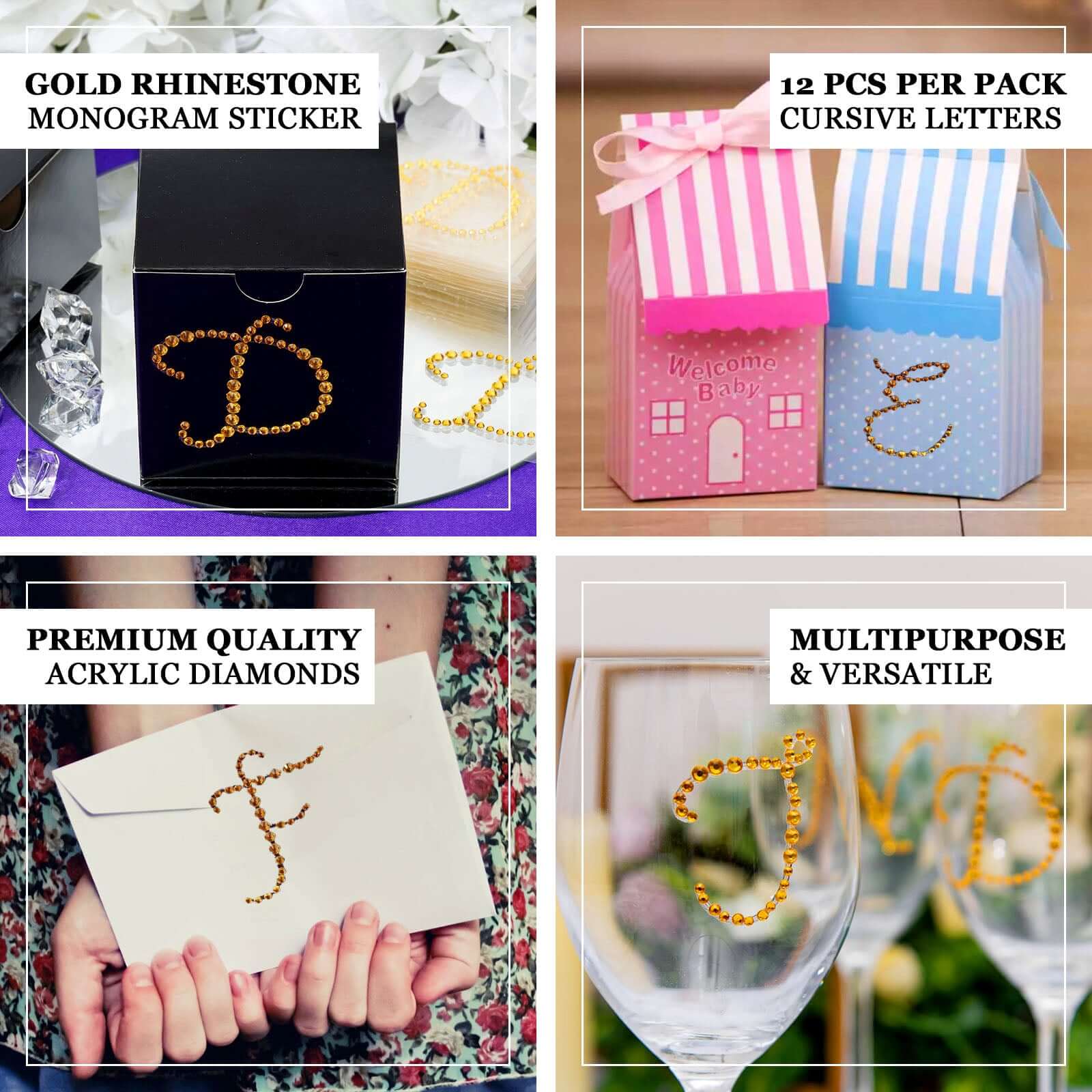 12 Pack Gold Rhinestone Monogram Letter "Q" Jewel Sticker Self Adhesive DIY Diamond Decor 1.5" - Image 4