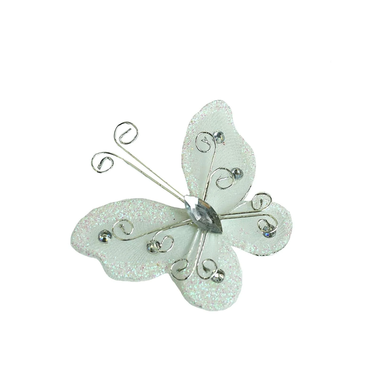 12 Pack White Diamond Studded Wired Organza Butterflies 2" - Image 7