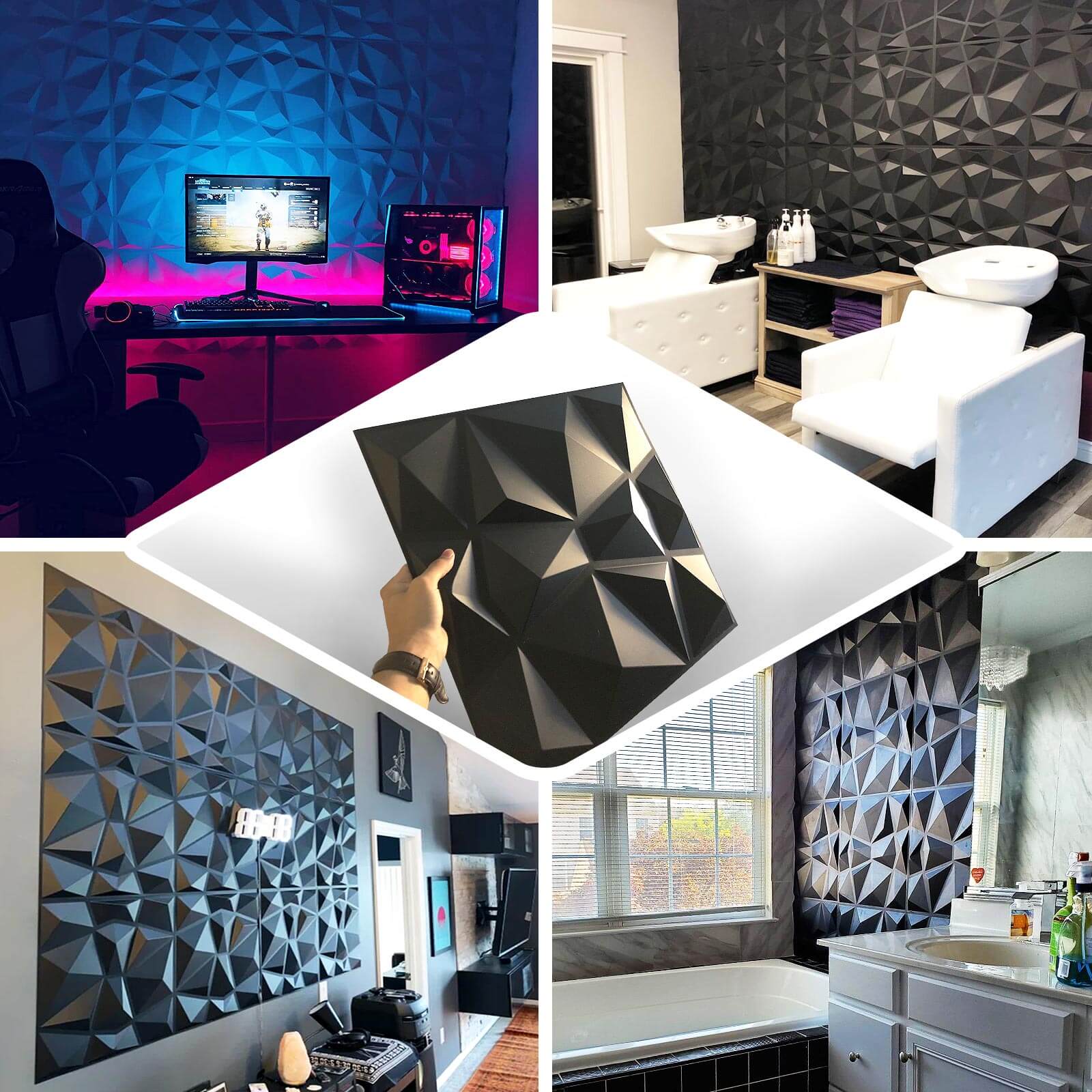 12 Pack Matte Black 3D Diamond Textured Stick On Wall Panels, PVC Waterproof Wall Tiles 20"x20" - Image 5