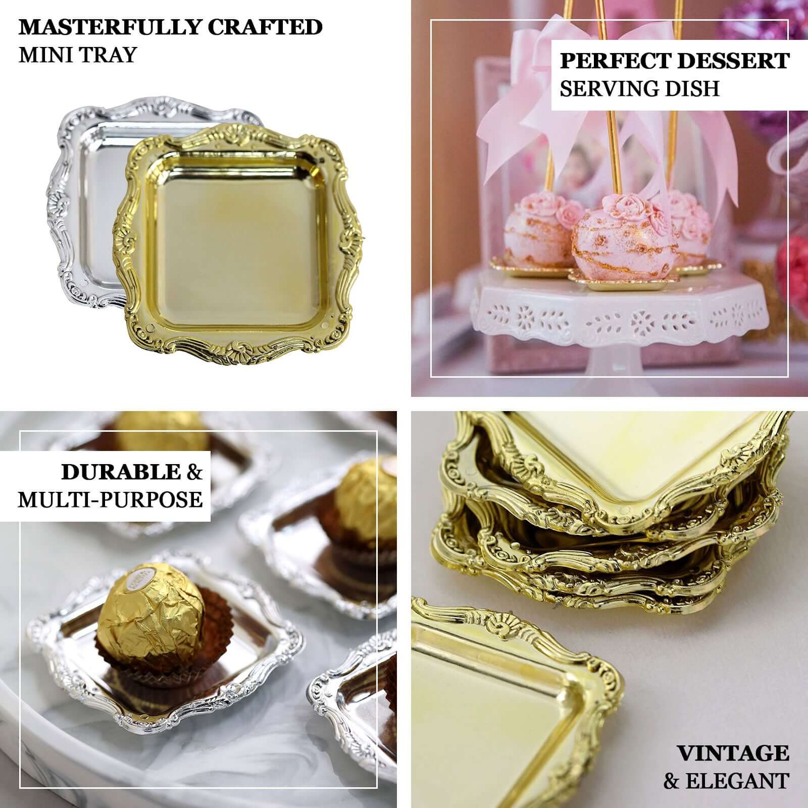 12 Pack Gold Baroque Mini Square Party Favor Candy Display Tray, Sweets and Treats Serving Platter 3" - Image 4