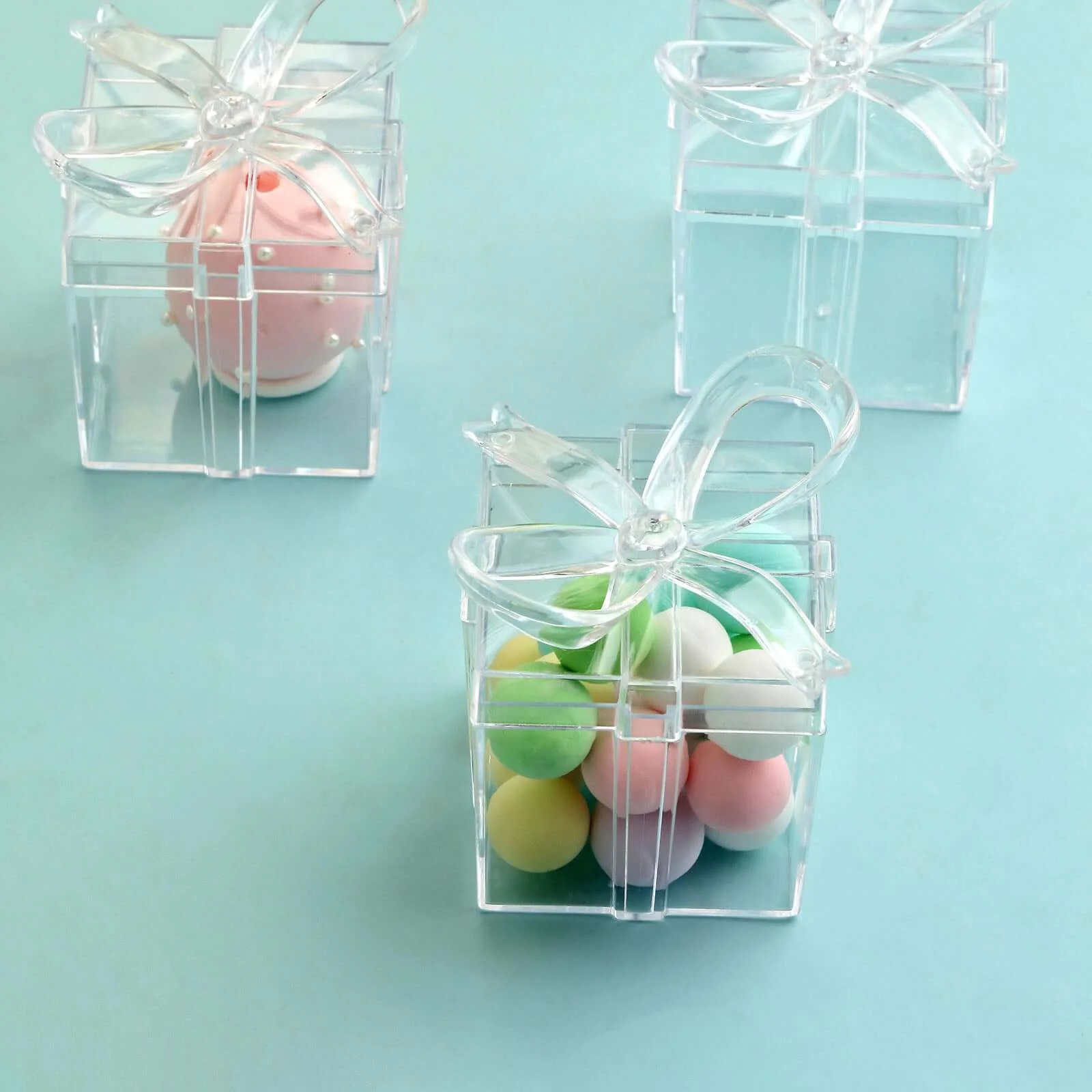 12 Pack Clear Bow Top Plastic Candy Container Gift Boxes, Transparent Party Favor Boxes 3" Square - Image 8