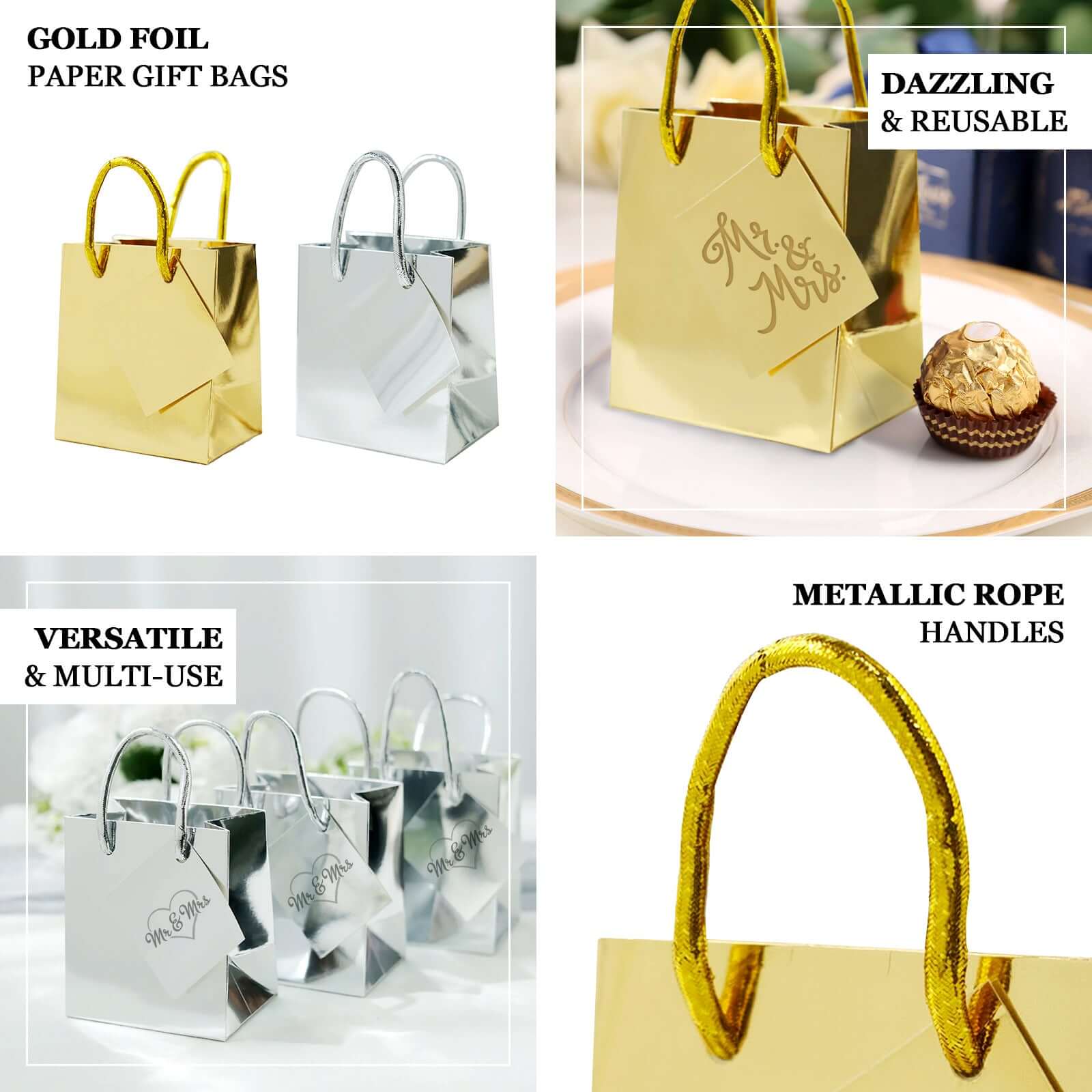 12 Pack Shiny Metallic Silver Foil Paper Gift Bags With Handles, Small Party Favor Goodie Bags 5" - Image 4