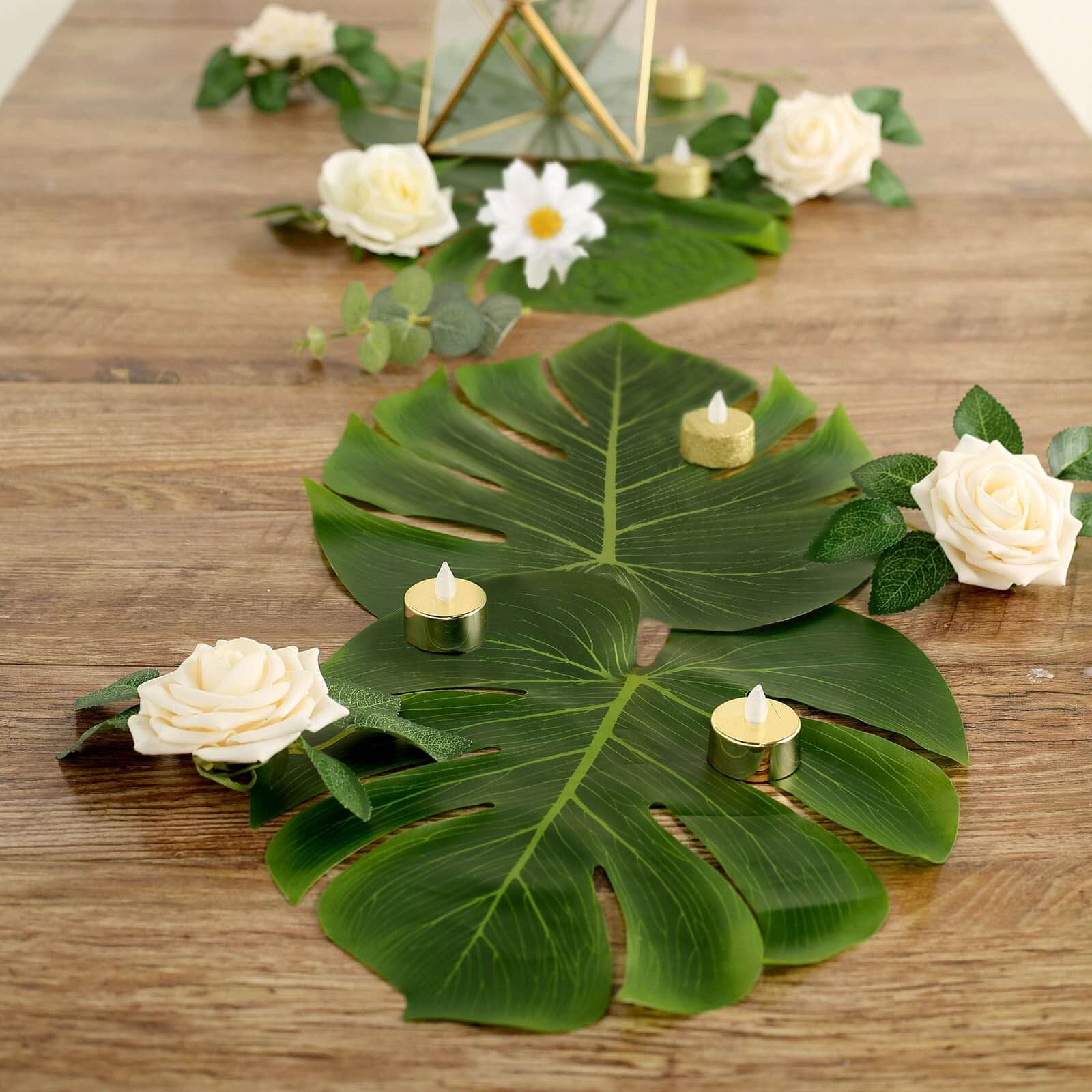 12-Pack Artificial Monstera Palm Leaves Green - Large Tropical Leaf Placemat Table Runner Decor for Luau Jungle Beach Theme Parties - Image 2