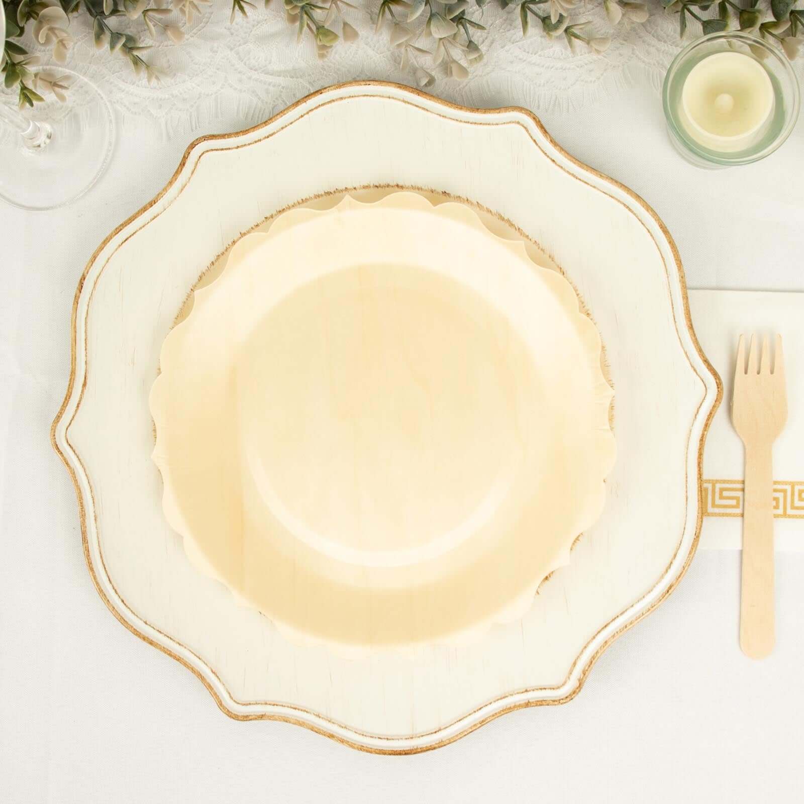 12-Pack Birchwood Round Dinner Plates 9" Natural with Scalloped Rim - Eco Friendly Wooden Disposable Plates for Rustic Themes & Outdoor Dining - Image 5