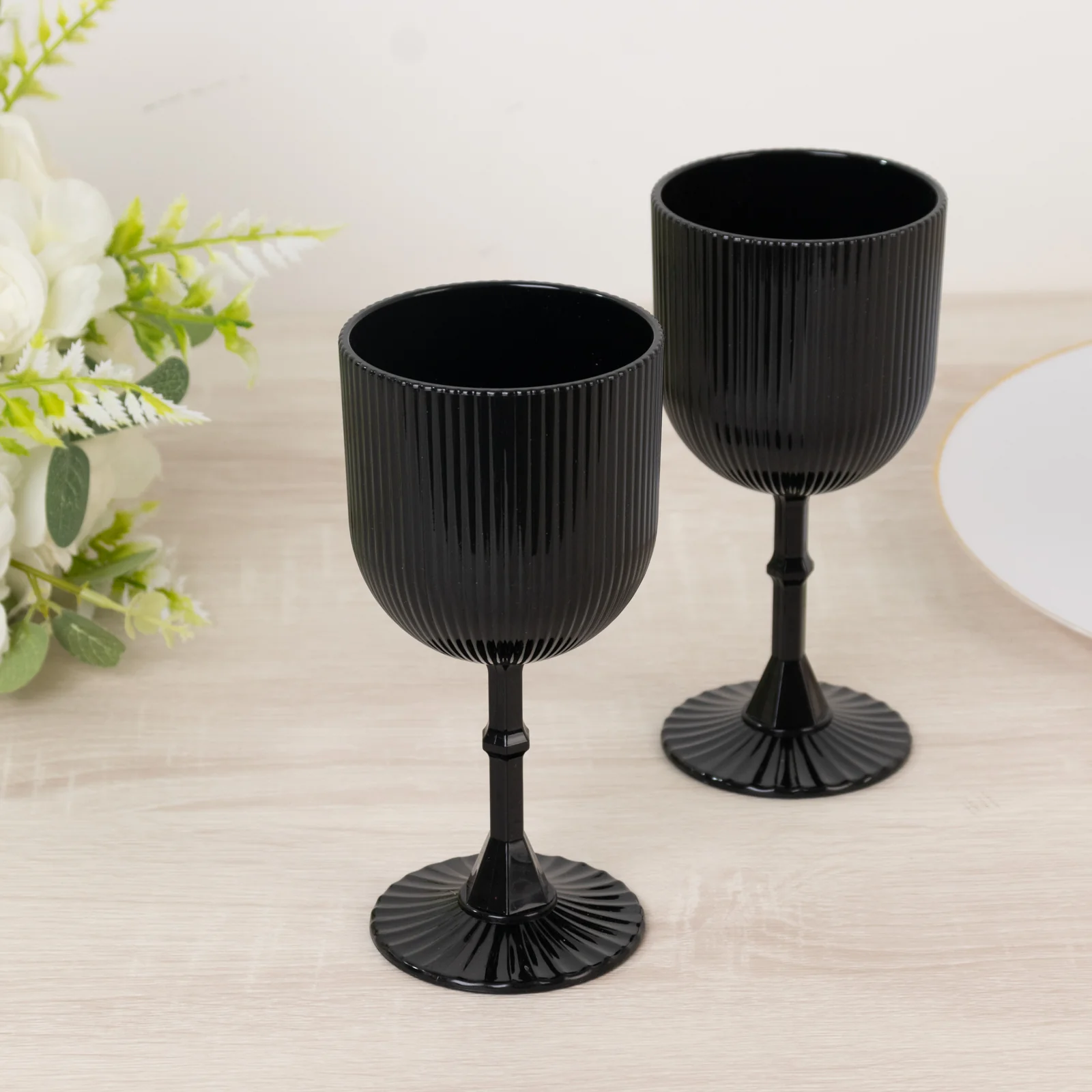 12-Pack Black Plastic Wine Glasses 9oz, Vintage Ribbed Pattern - Reusable Shatterproof Goblets - Image 8