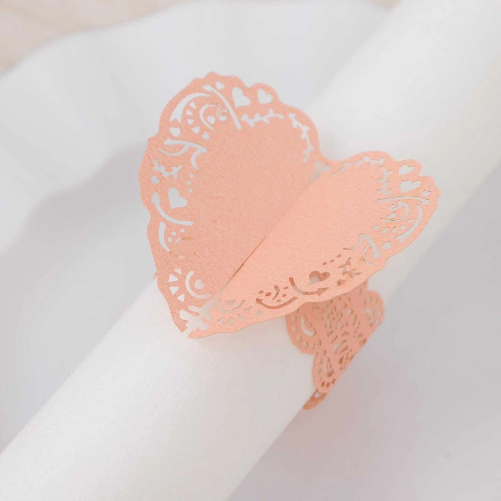 12 Pack Blush Shimmery Laser Cut Heart Paper Napkin Rings with Lace Pattern, Disposable Napkin Holders Bands - Image 2