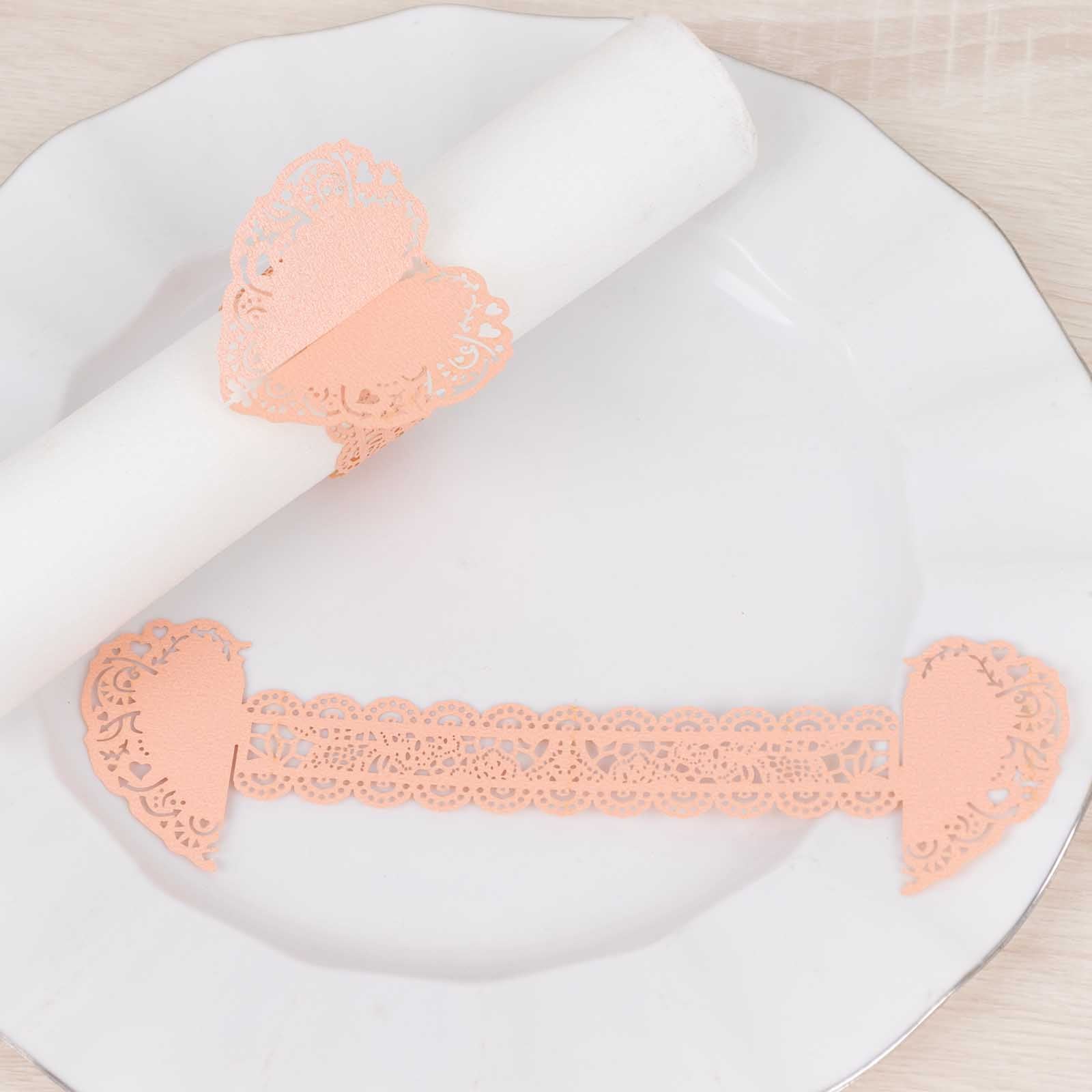 12 Pack Blush Shimmery Laser Cut Heart Paper Napkin Rings with Lace Pattern, Disposable Napkin Holders Bands - Image 4