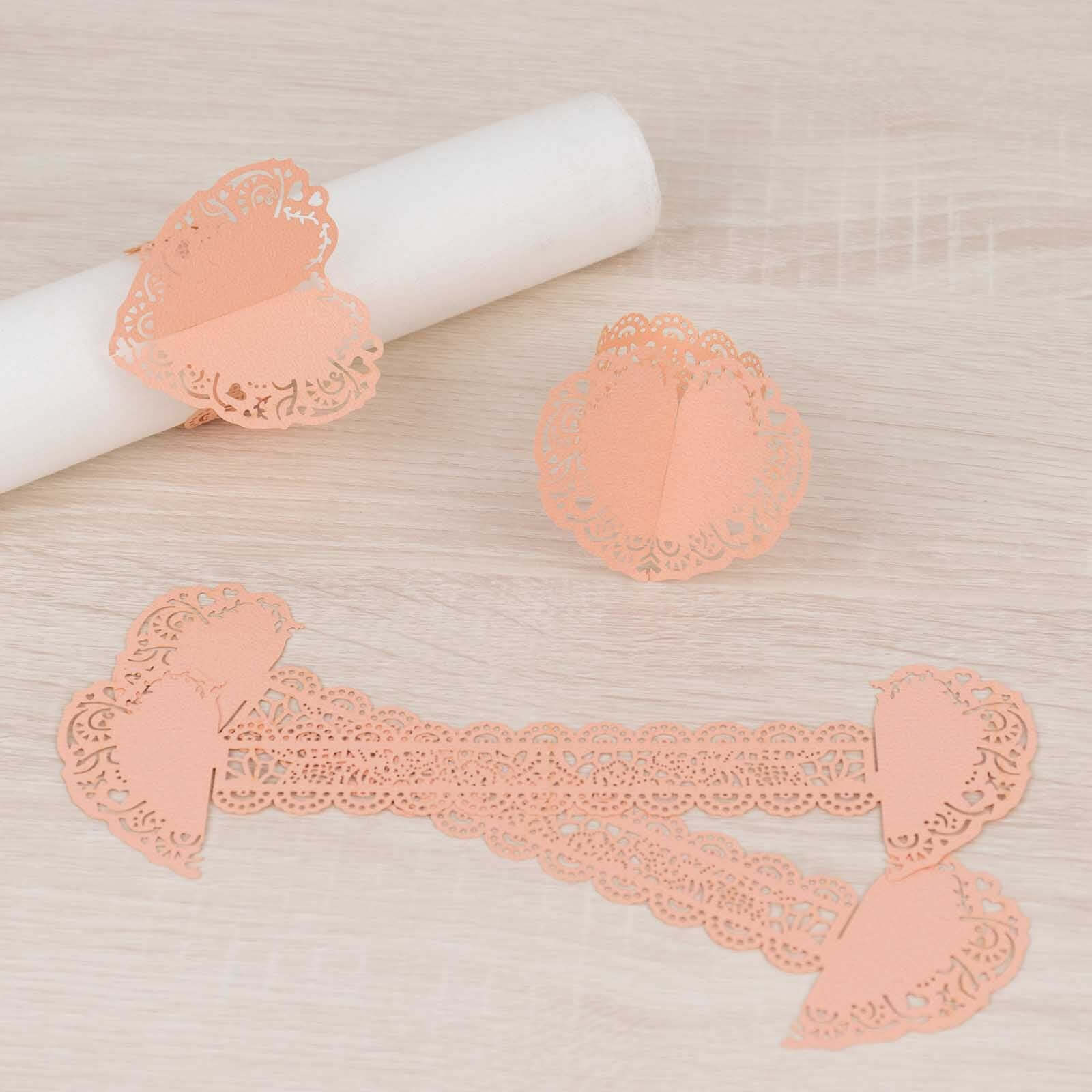 12 Pack Blush Shimmery Laser Cut Heart Paper Napkin Rings with Lace Pattern, Disposable Napkin Holders Bands - Image 9