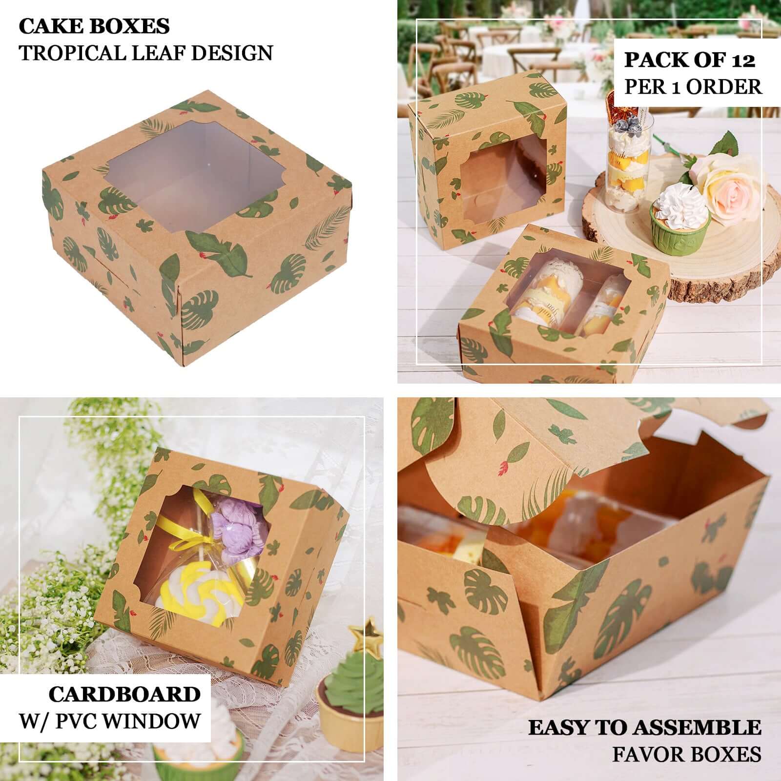 12-Pack Cardstock Cookie Boxes with Window 6"x6"x3" Tropical Leaf Design - Sturdy Treat Bakery Boxes for Pie Cupcakes Strawberries & Pastries - Image 4