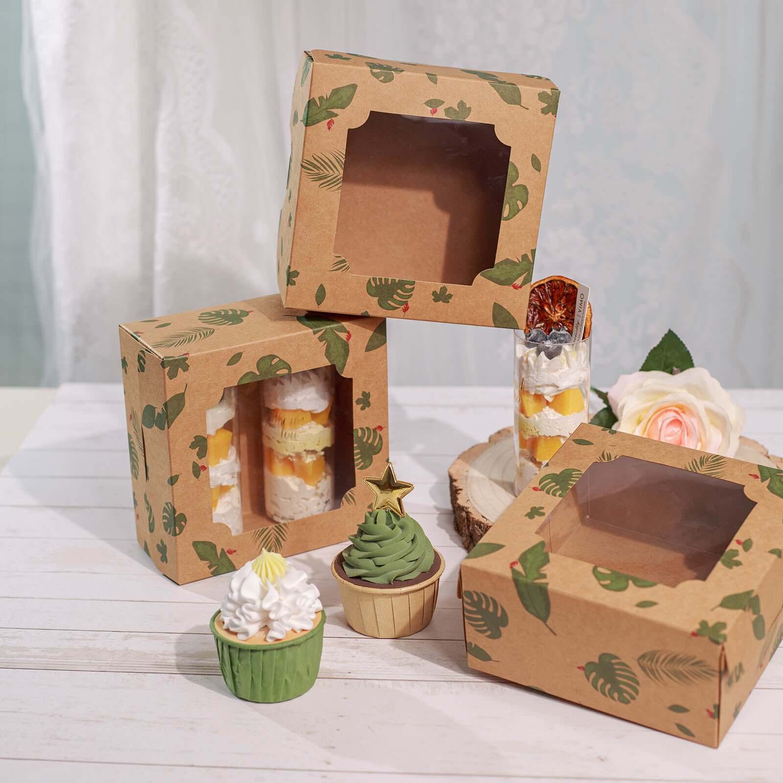 12-Pack Cardstock Cookie Boxes with Window 6"x6"x3" Tropical Leaf Design - Sturdy Treat Bakery Boxes for Pie Cupcakes Strawberries & Pastries - Image 6
