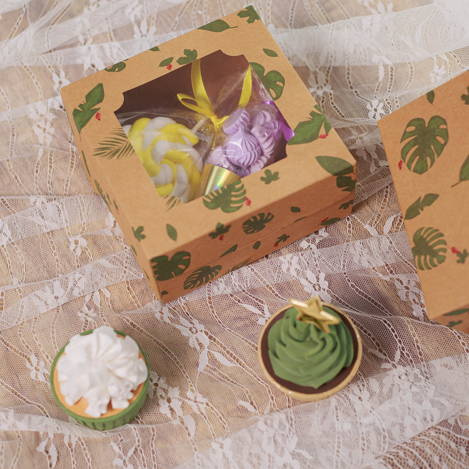 12-Pack Cardstock Cookie Boxes with Window 6"x6"x3" Tropical Leaf Design - Sturdy Treat Bakery Boxes for Pie Cupcakes Strawberries & Pastries - Image 8