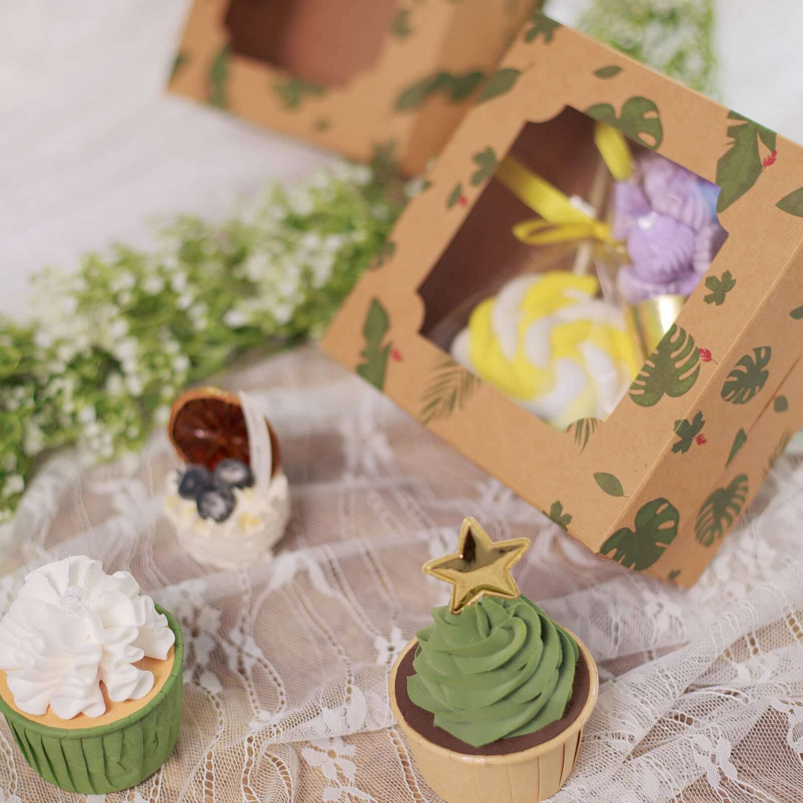 12-Pack Cardstock Cookie Boxes with Window 6"x6"x3" Tropical Leaf Design - Sturdy Treat Bakery Boxes for Pie Cupcakes Strawberries & Pastries - Image 9