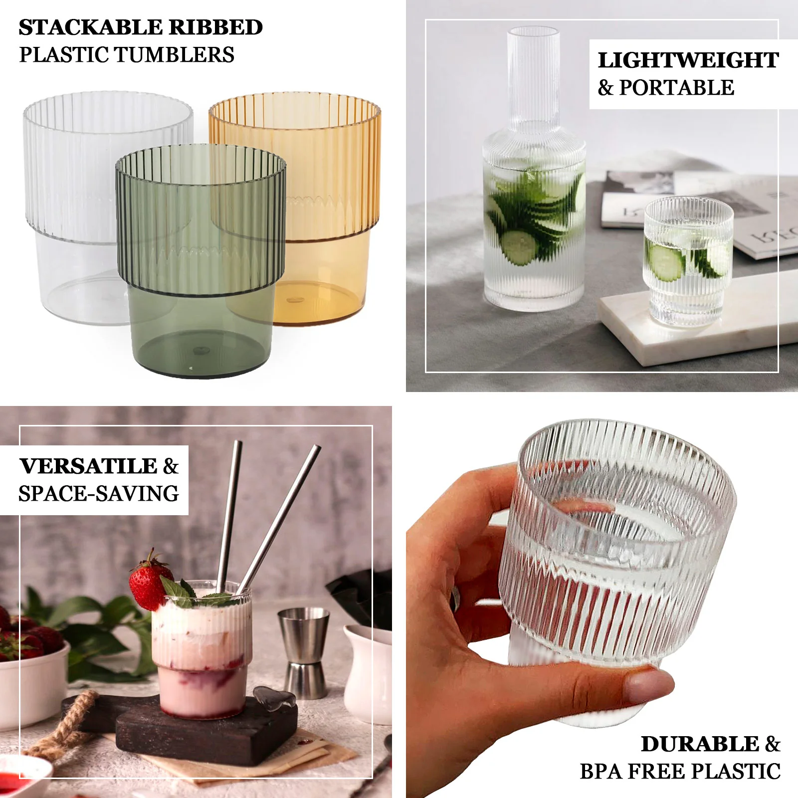 12-Pack Clear Plastic Tumblers 7oz, Stackable Ribbed Pattern - Shatterproof Short Drinking Glasses - Image 4
