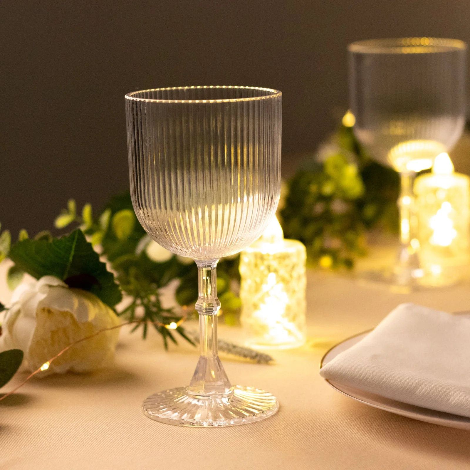 12-Pack Clear Plastic Wine Glasses 9oz, Vintage Ribbed Pattern - Reusable Shatterproof Goblets - Image 6