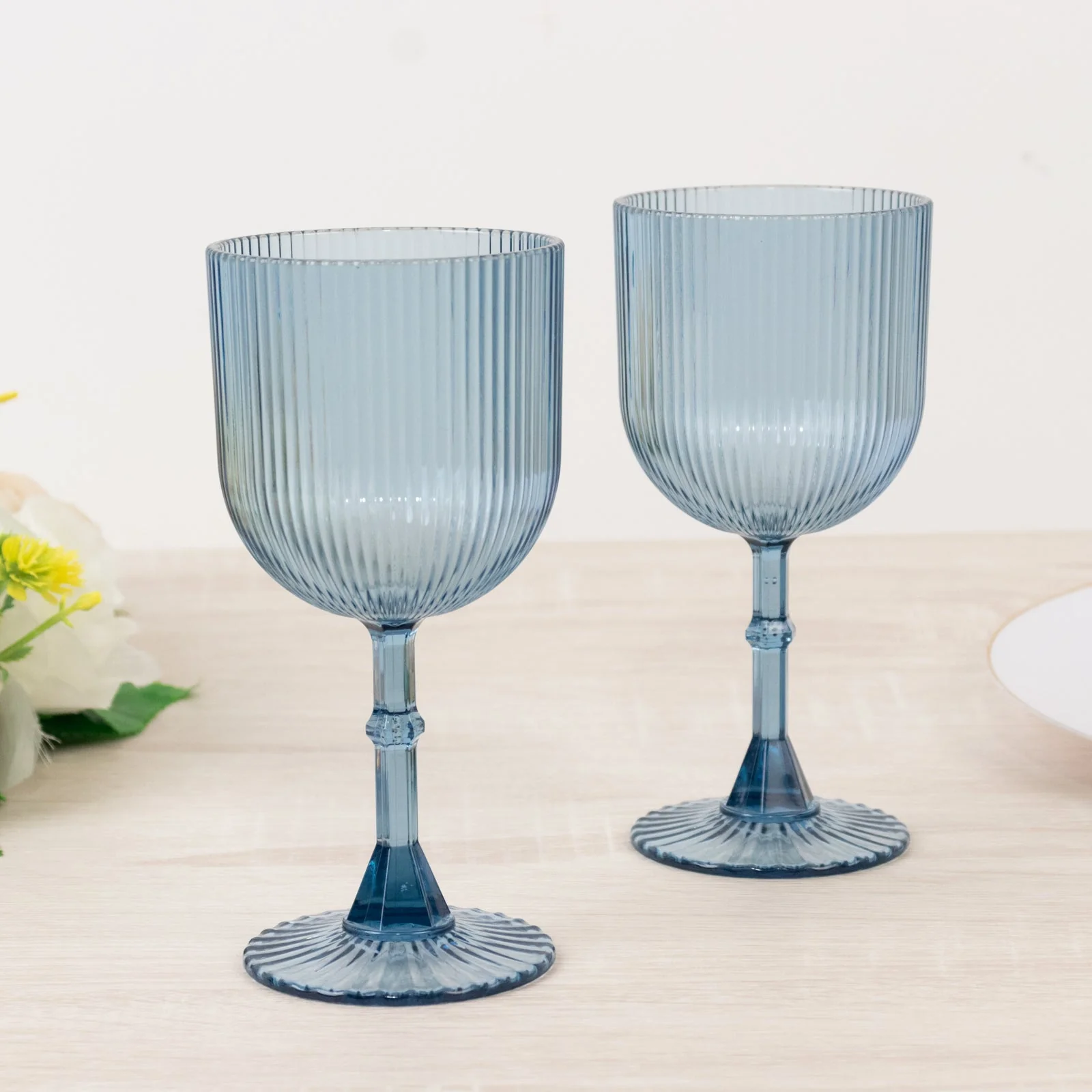 12-Pack Dusty Blue Plastic Wine Glasses 9oz, Vintage Ribbed Pattern - Transparent Reusable Shatterproof Goblets - Image 7