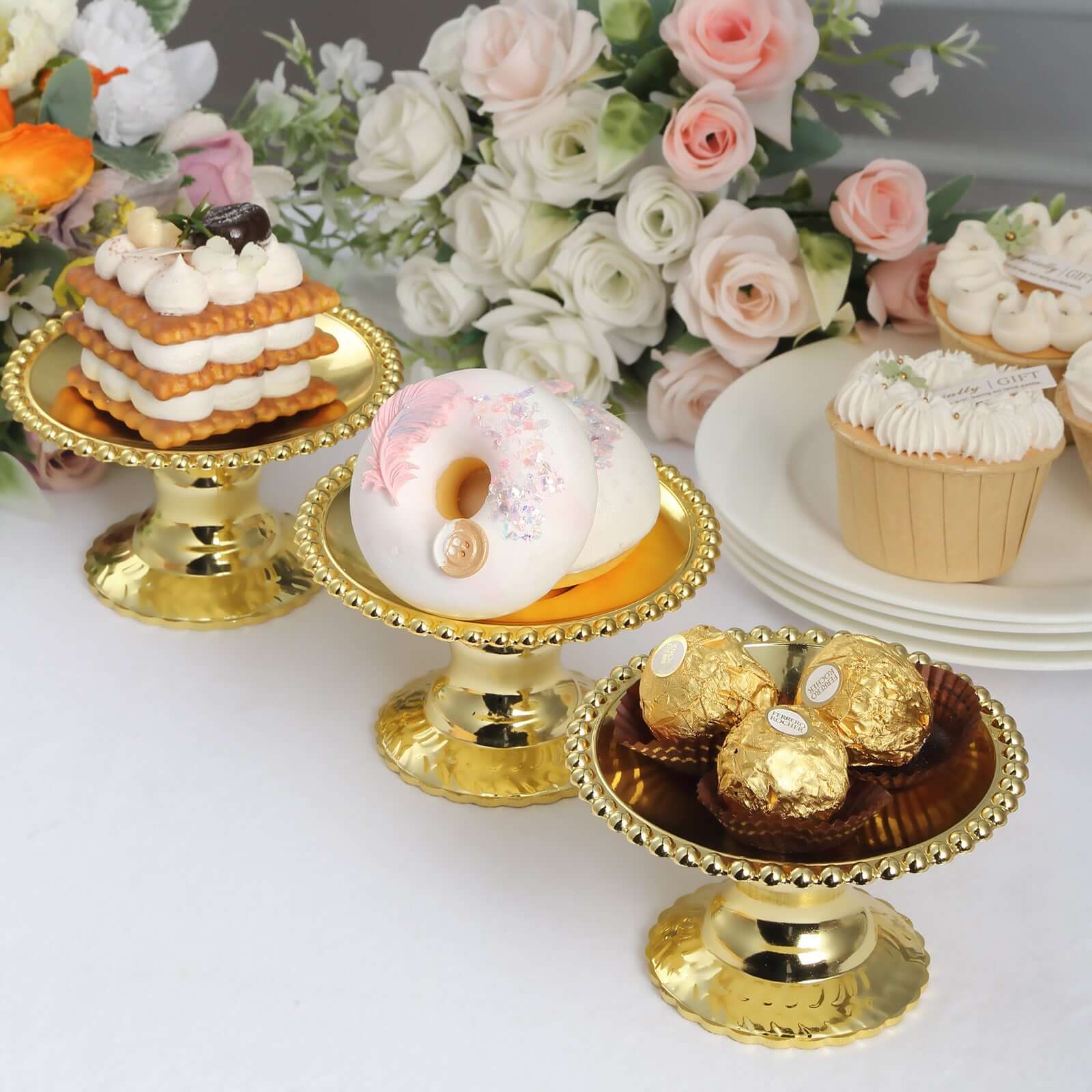 12-Pack Gold Mirror Finish Mini Plastic Pedestal Cupcake Plates 5", Beaded Rim Design - Disposable Round Cake Dessert Display Stands - Image 2