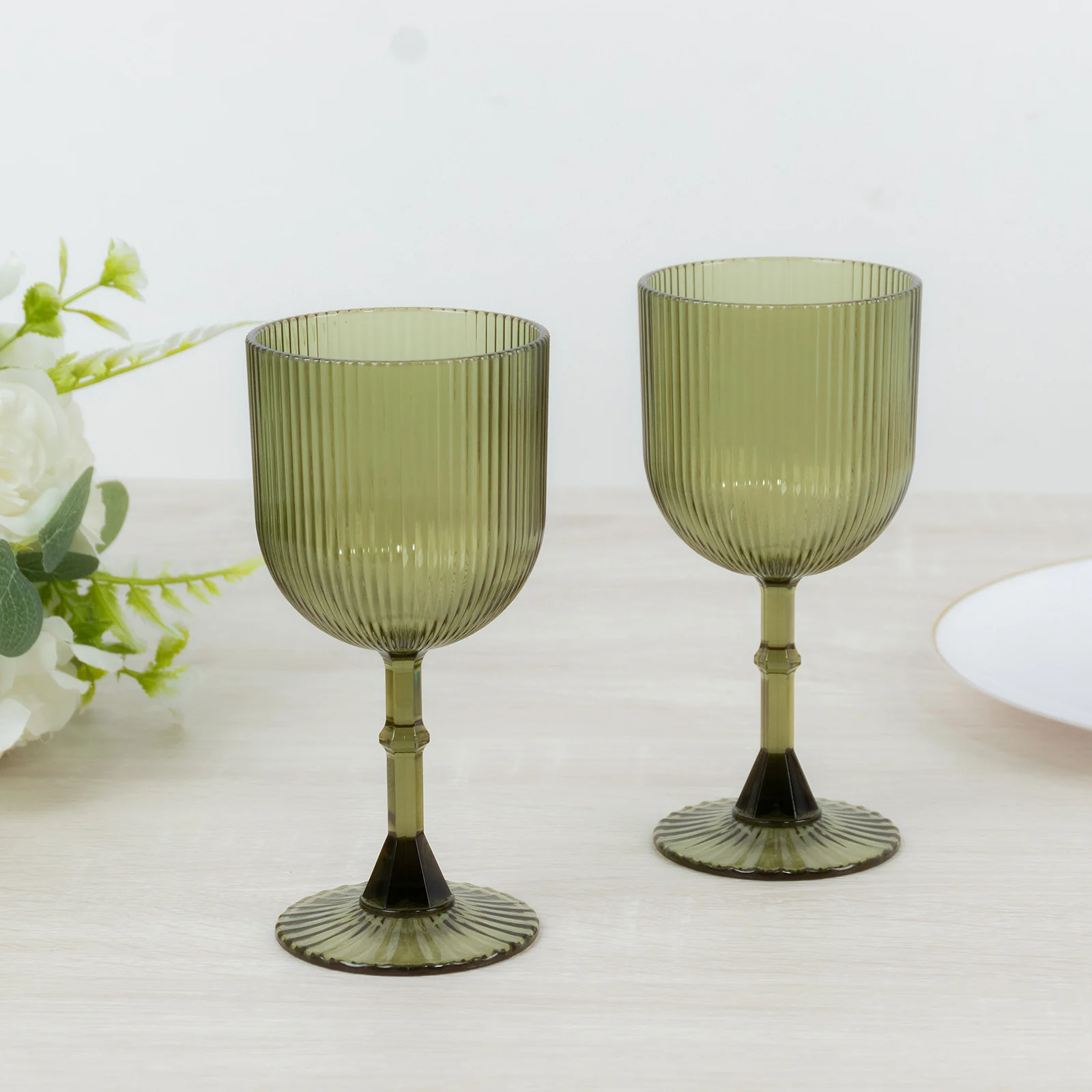 12-Pack Dusty Sage Green Plastic Wine Glasses 9oz, Vintage Ribbed Pattern - Transparent Reusable Shatterproof Goblets - Image 6
