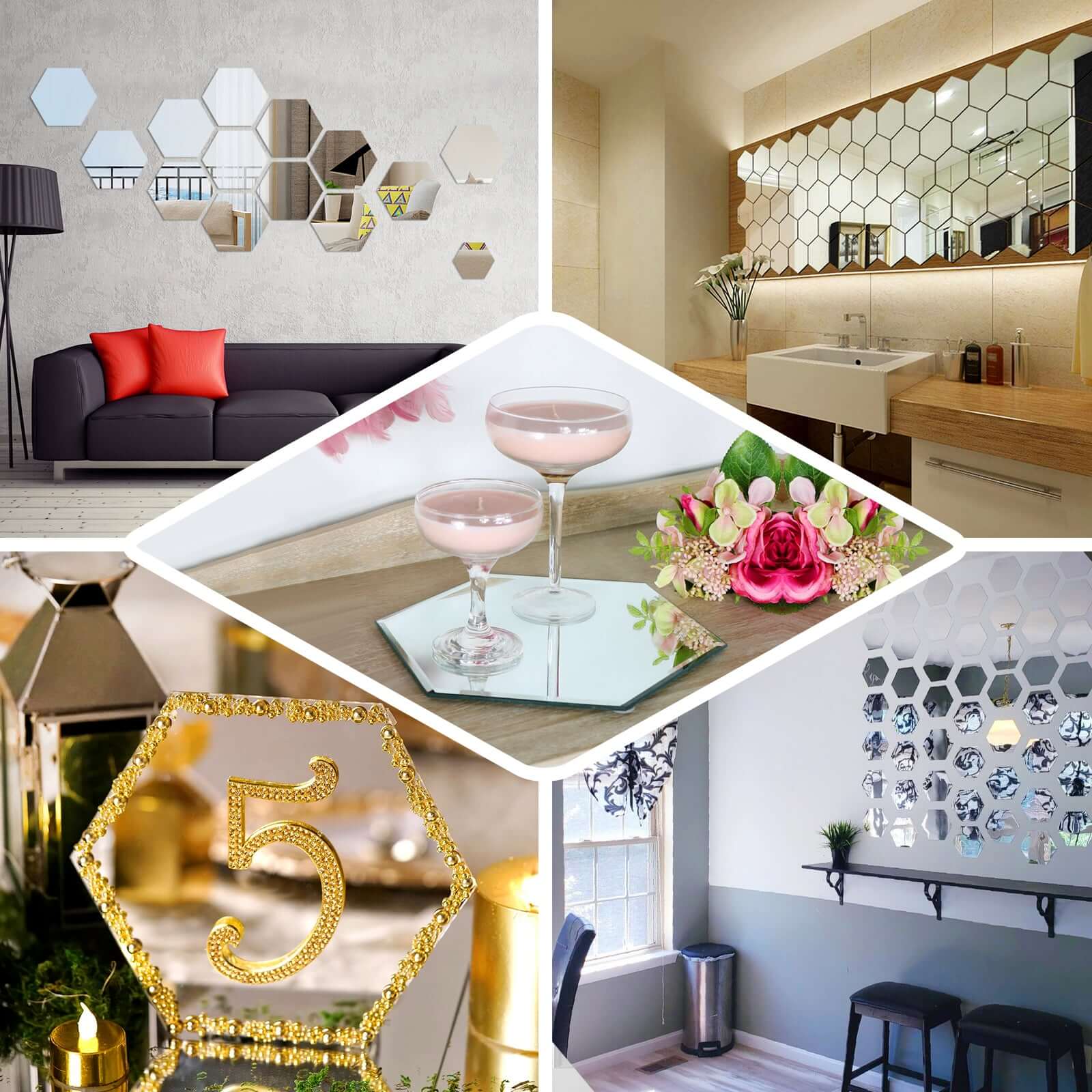 12 Pack Hexagon Acrylic Mirror Wall Stickers, Removable Wall Decals For Home Decor - 5" - Image 5