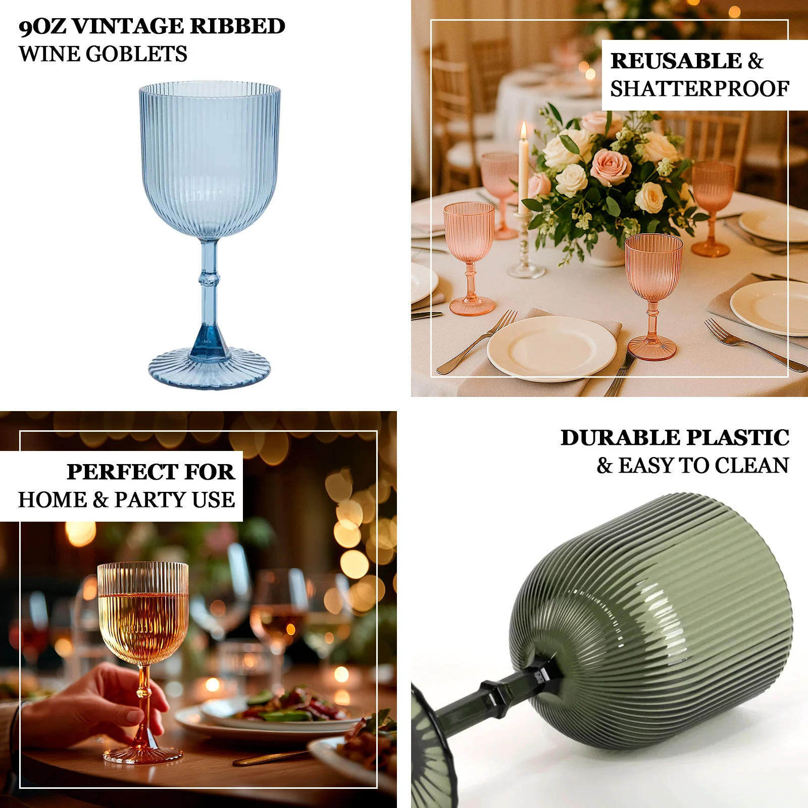 12-Pack Hunter Emerald Green Plastic Wine Glasses 9oz, Vintage Ribbed Pattern - Reusable Shatterproof Goblets - Image 3