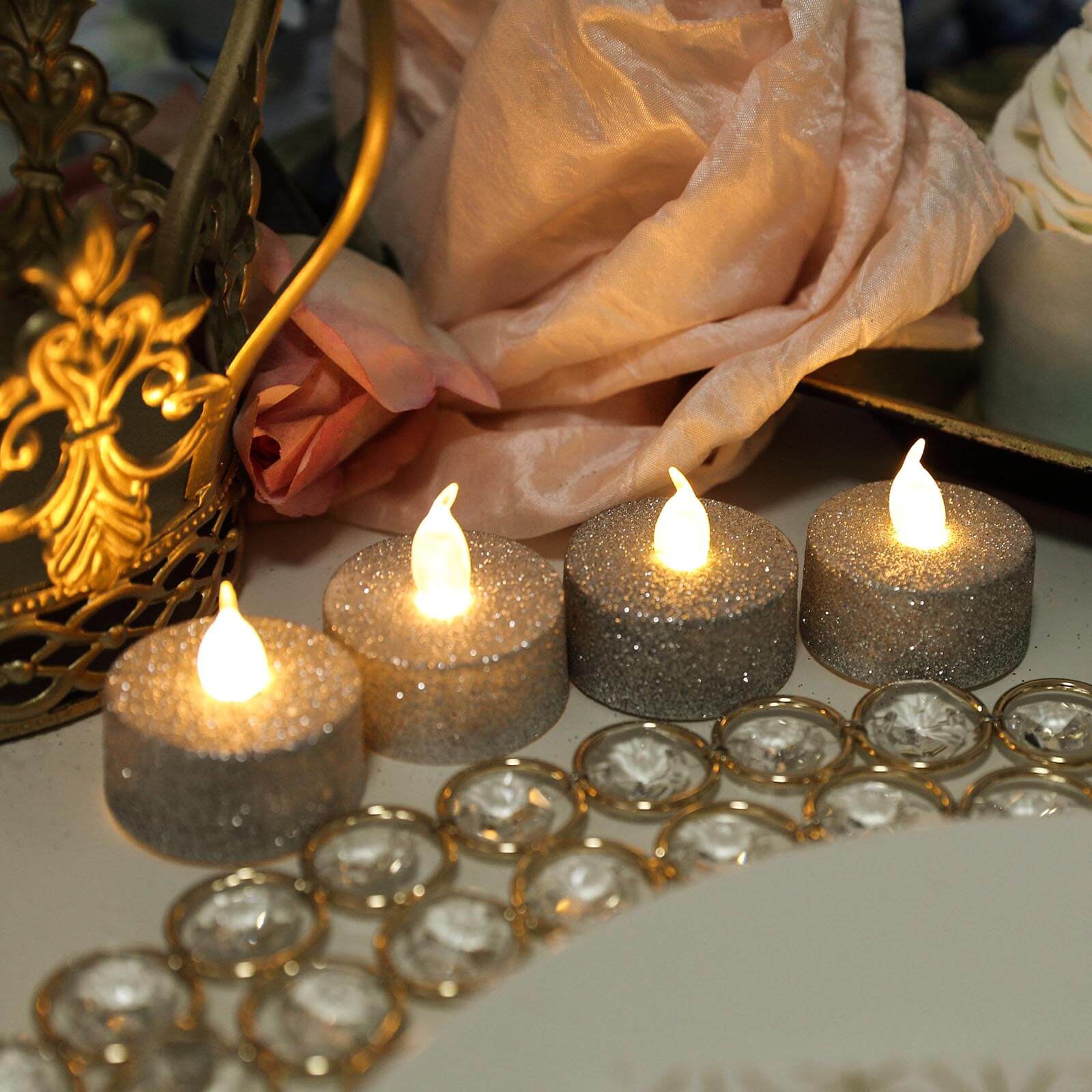 12-Pack LED Tealight Candles Silver Glitter Design - Flameless Battery Operated Lighting - Image 16