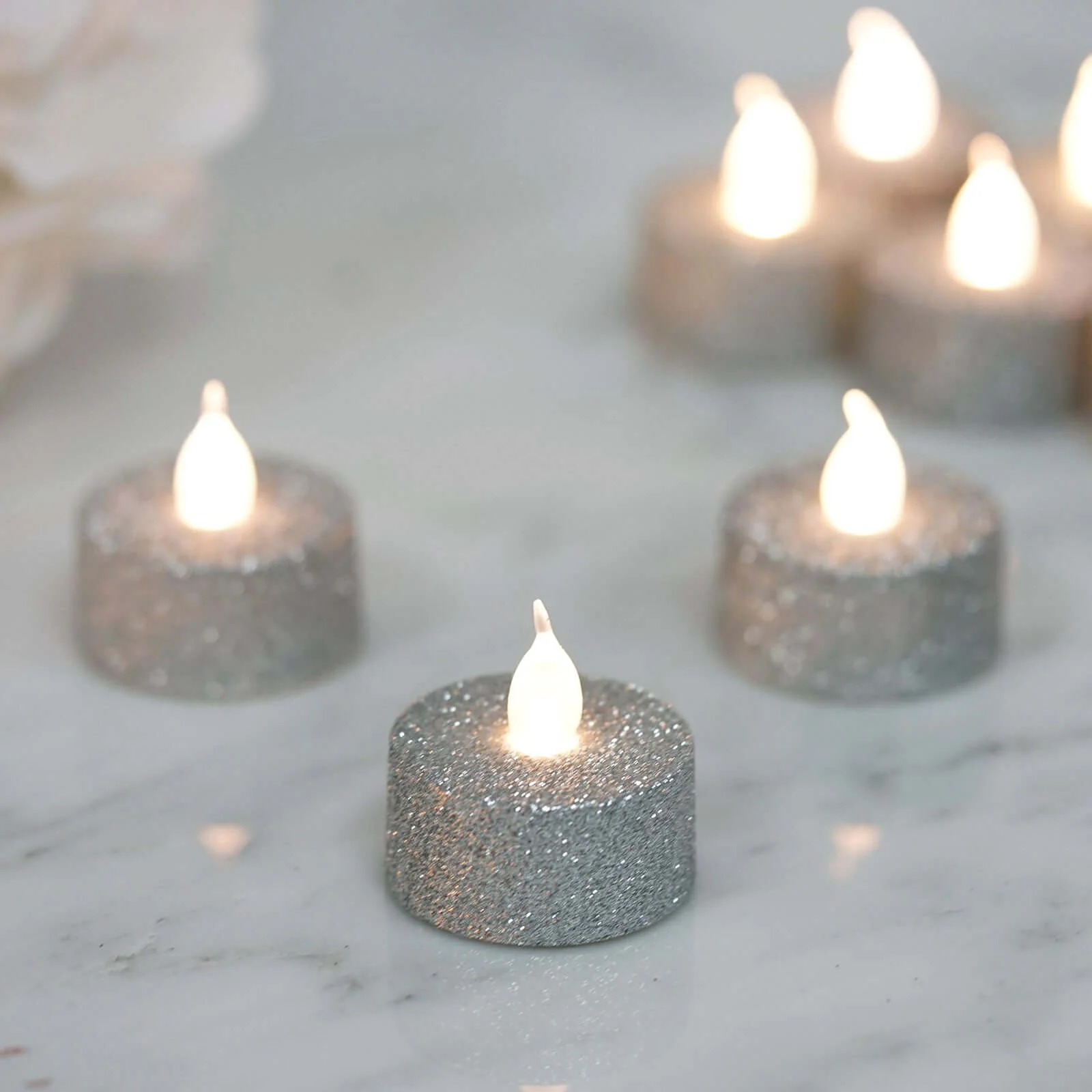 12-Pack LED Tealight Candles Silver Glitter Design - Flameless Battery Operated Lighting - Image 7