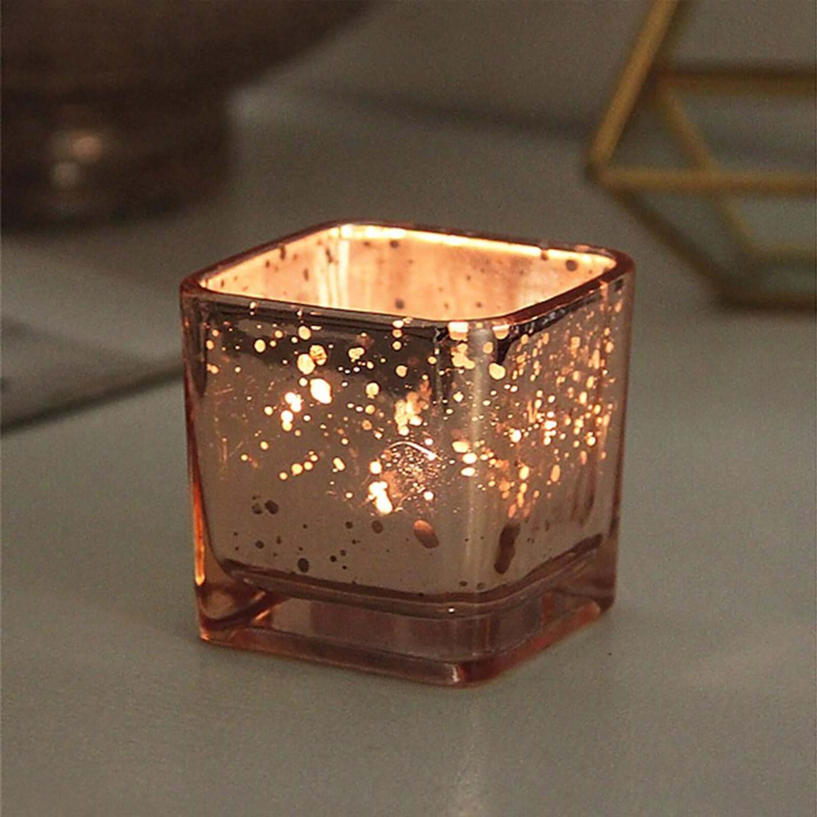 12-Pack Mercury Glass Square Candle Holders 2" Rose Gold with Glittered Design - Votive Tealight Holders - Image 6