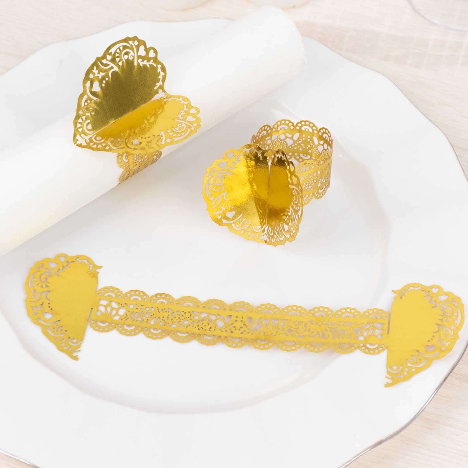 12 Pack Metallic Gold Foil Laser Cut Heart Paper Napkin Rings with Lace Pattern, Disposable Napkin Holders Bands - Image 5