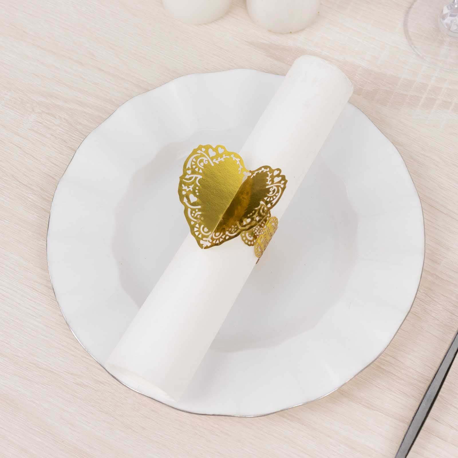 12 Pack Metallic Gold Foil Laser Cut Heart Paper Napkin Rings with Lace Pattern, Disposable Napkin Holders Bands - Image 6