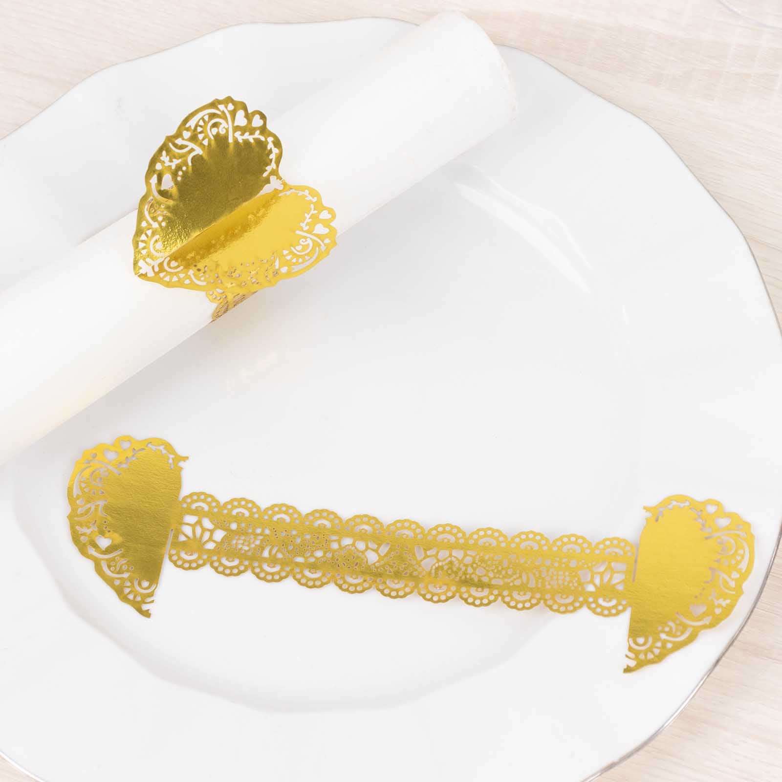 12 Pack Metallic Gold Foil Laser Cut Heart Paper Napkin Rings with Lace Pattern, Disposable Napkin Holders Bands - Image 8