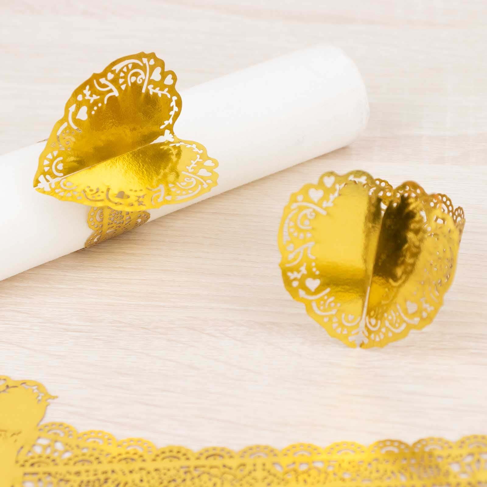 12 Pack Metallic Gold Foil Laser Cut Heart Paper Napkin Rings with Lace Pattern, Disposable Napkin Holders Bands - Image 9
