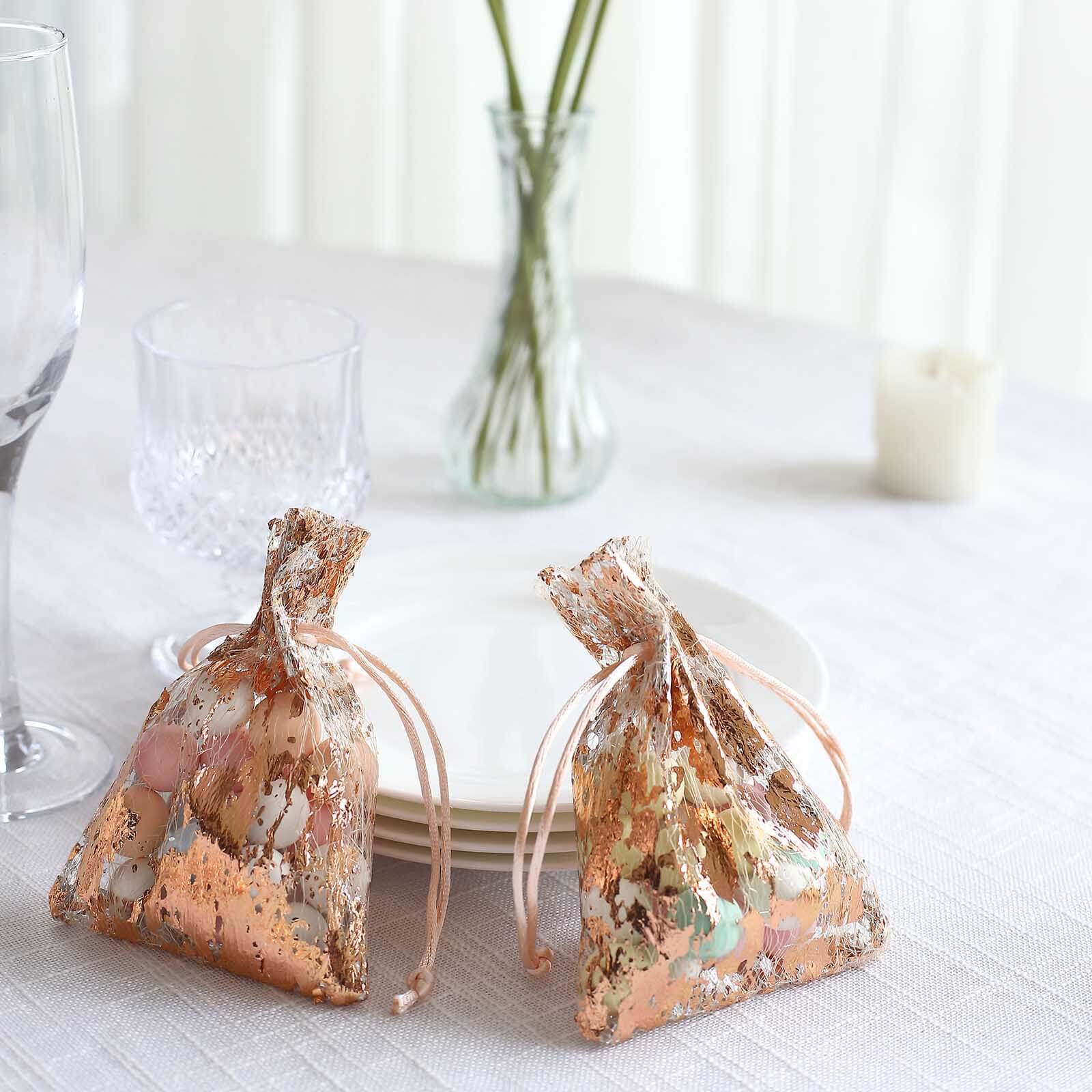 12 Pack Metallic Rose Gold Foil Polyester Drawstring Favor Gift Bags, Wedding Party Candy Bags - 4"x5" - Image 2