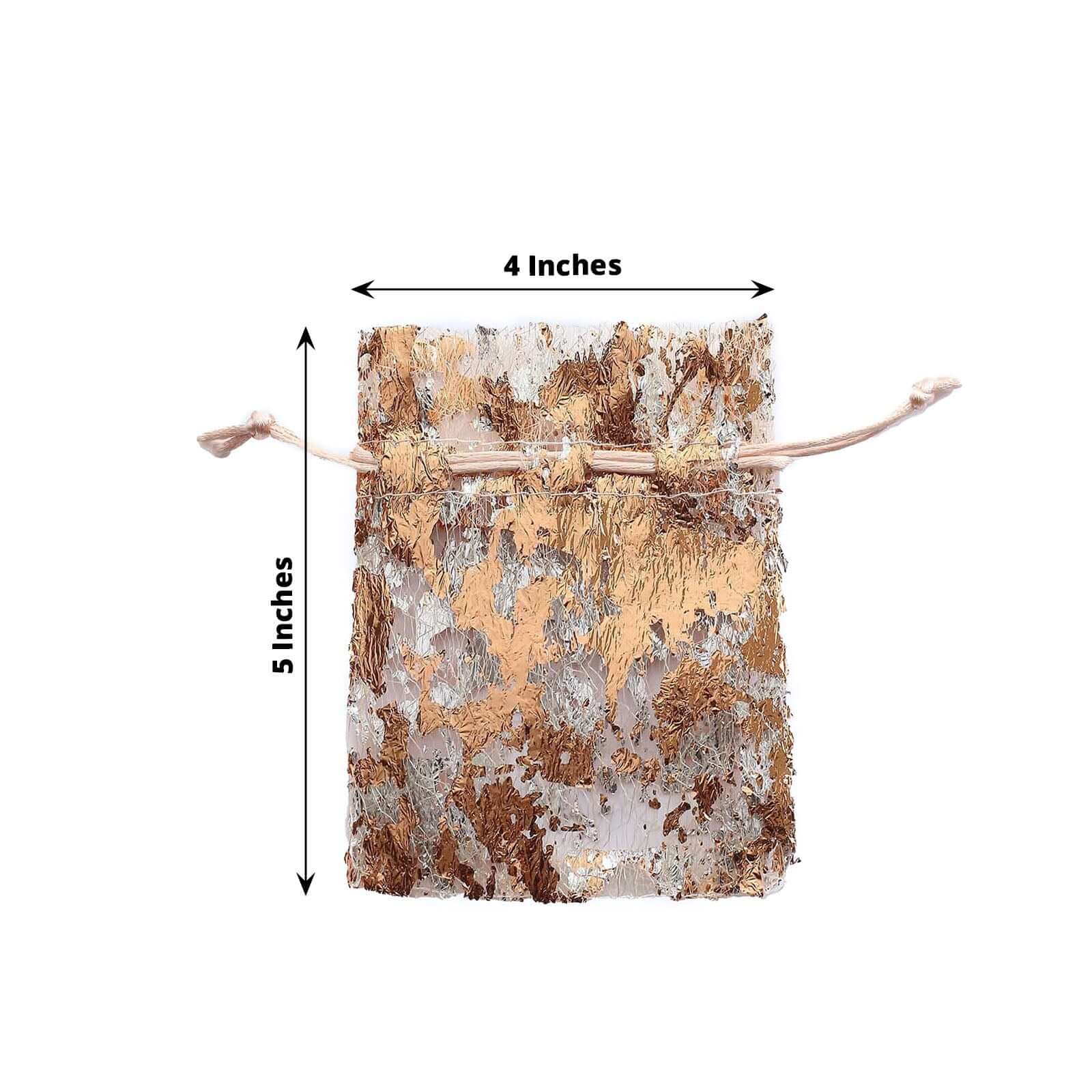 12 Pack Metallic Rose Gold Foil Polyester Drawstring Favor Gift Bags, Wedding Party Candy Bags - 4"x5" - Image 3