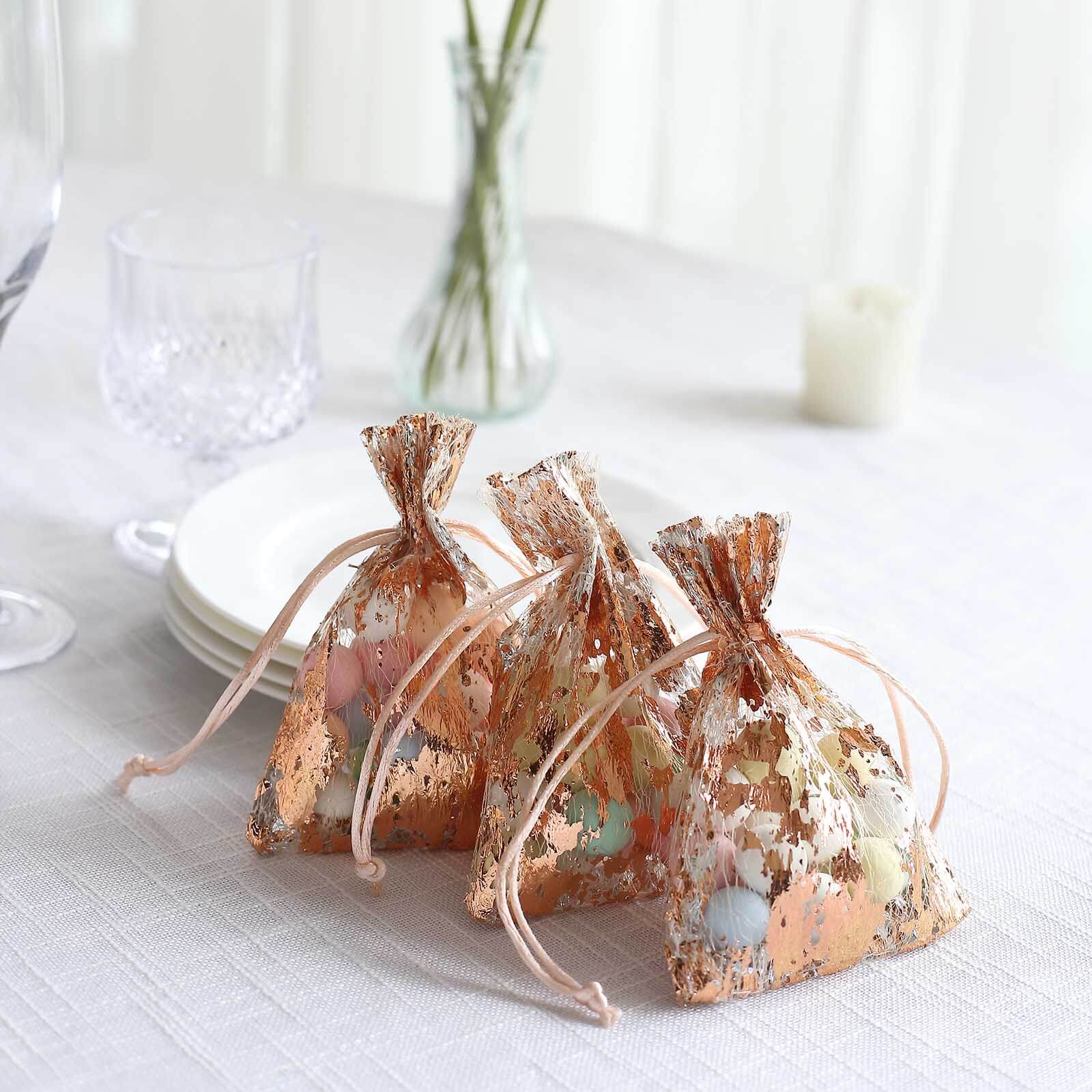 12 Pack Metallic Rose Gold Foil Polyester Drawstring Favor Gift Bags, Wedding Party Candy Bags - 4"x5" - Image 4