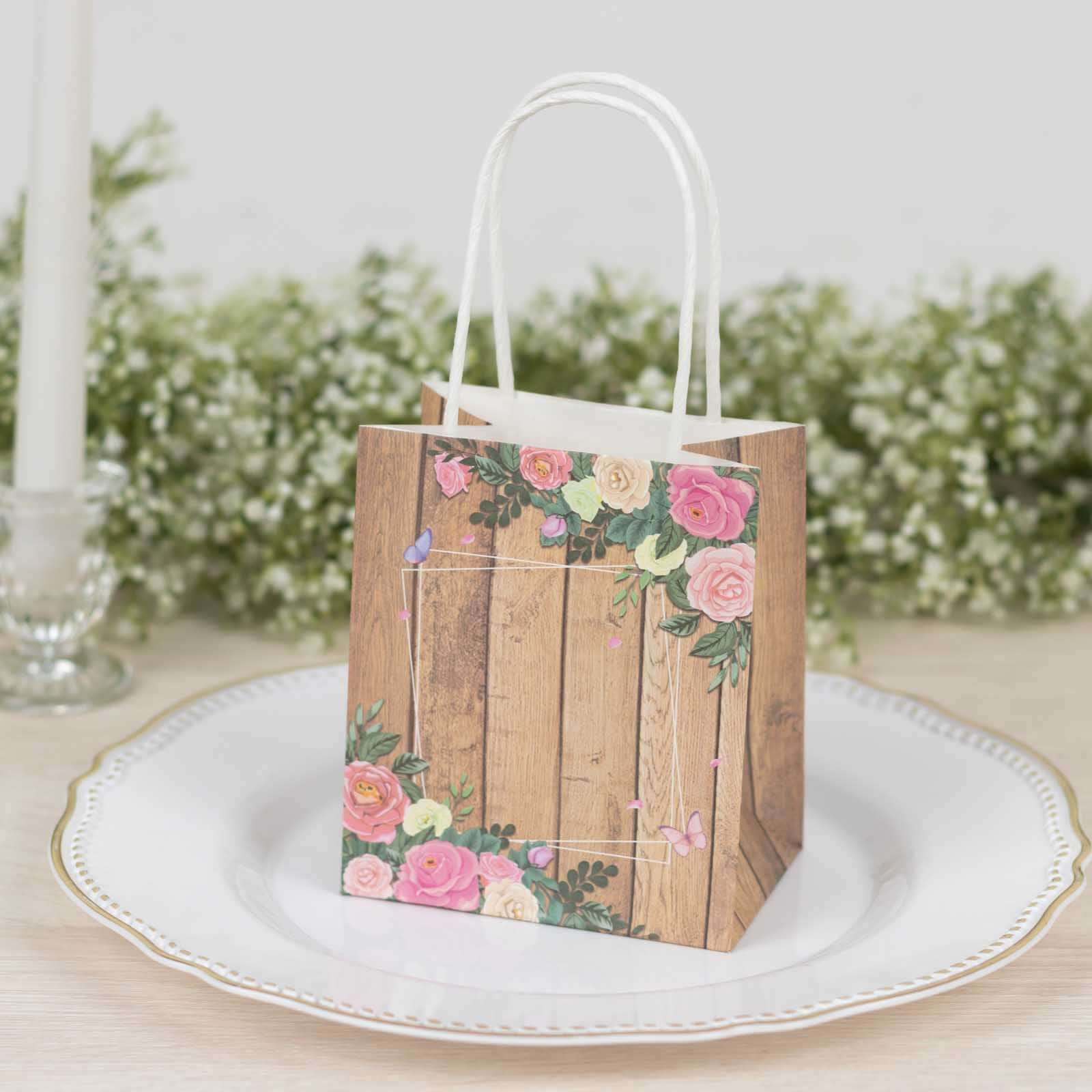 12 Pack Natural Wood Print Paper Gift Bags with Rose Floral Accent, Small Party Favor Goodie Bags With Handles - 4"x5" - Image 10