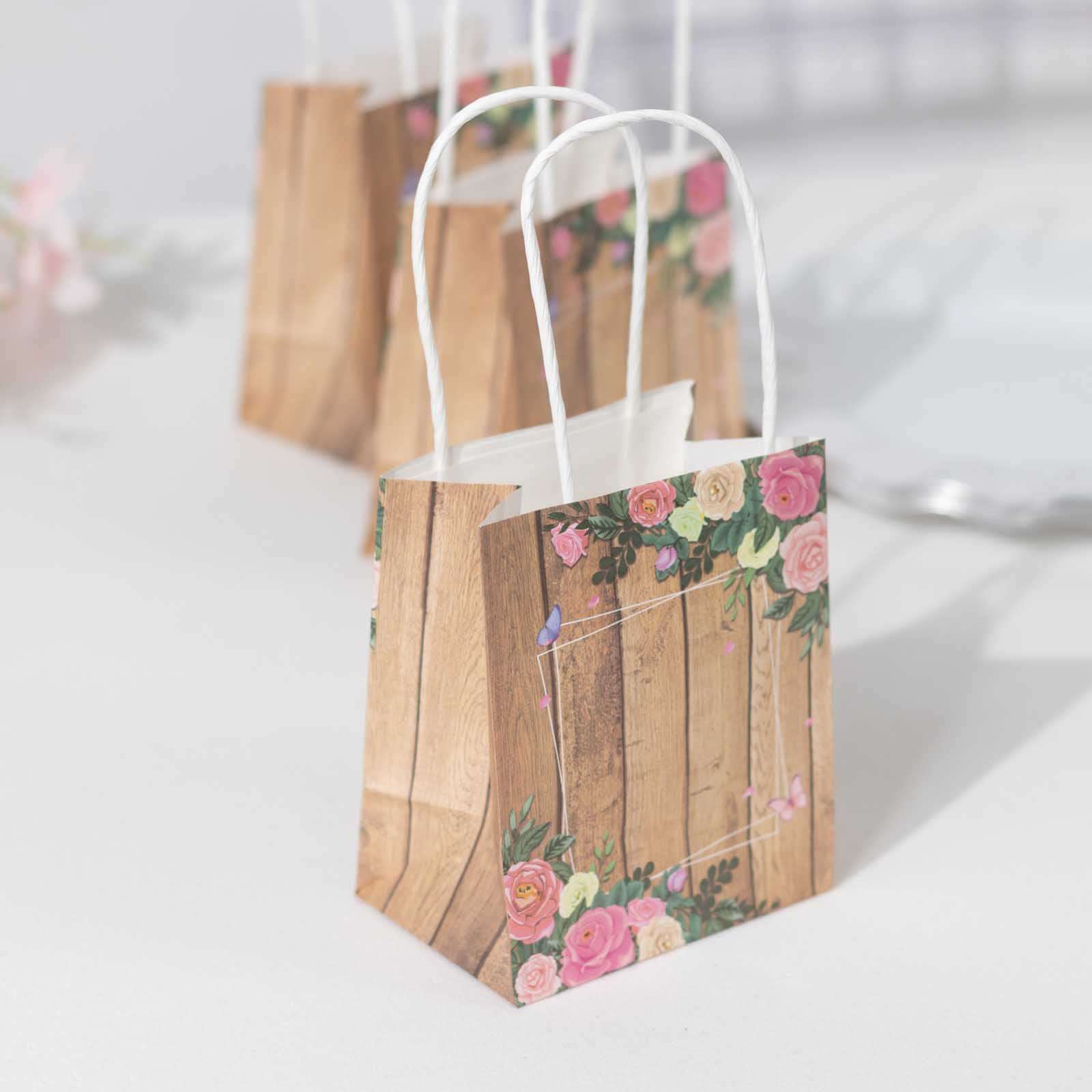 12 Pack Natural Wood Print Paper Gift Bags with Rose Floral Accent, Small Party Favor Goodie Bags With Handles - 4"x5" - Image 11