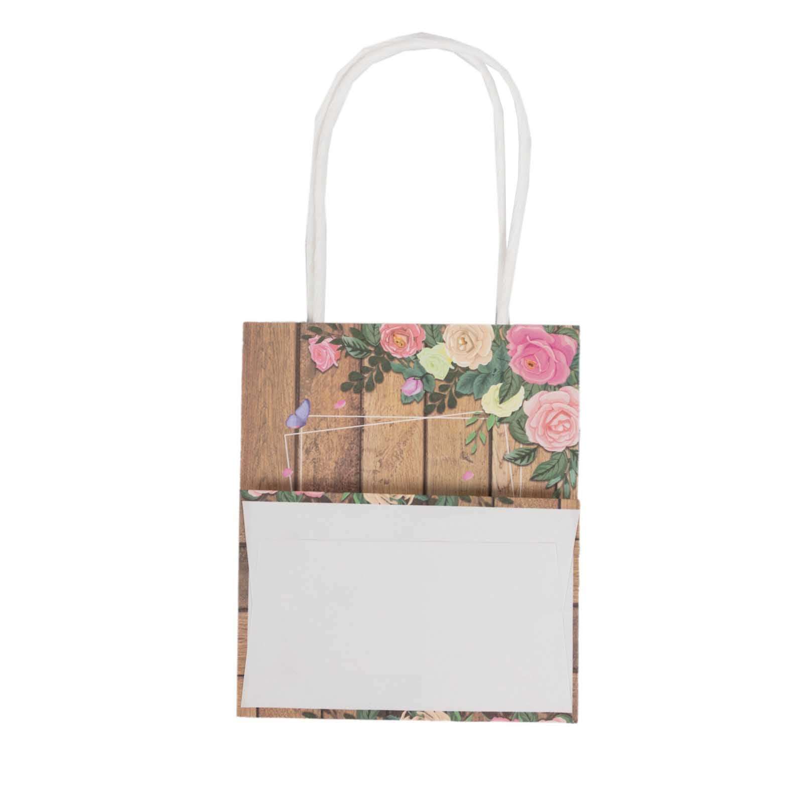 12 Pack Natural Wood Print Paper Gift Bags with Rose Floral Accent, Small Party Favor Goodie Bags With Handles - 4"x5" - Image 13