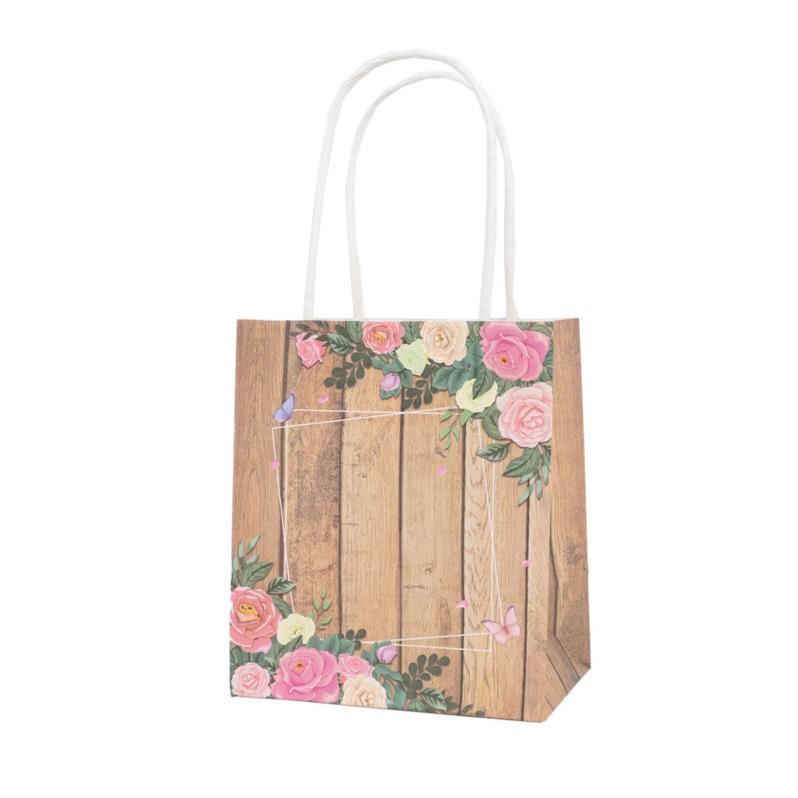 12 Pack Natural Wood Print Paper Gift Bags with Rose Floral Accent, Small Party Favor Goodie Bags With Handles - 4"x5" - Image 14