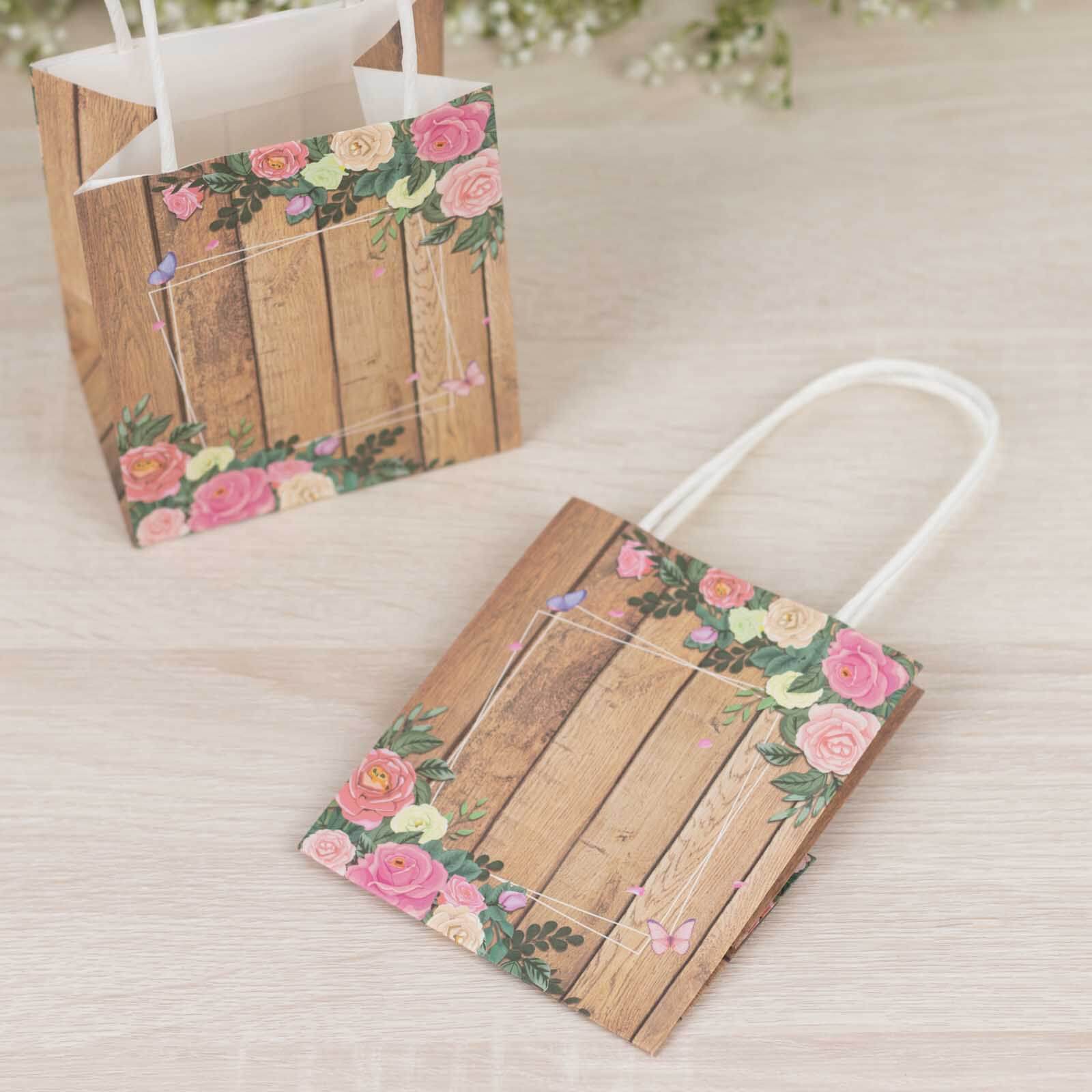 12 Pack Natural Wood Print Paper Gift Bags with Rose Floral Accent, Small Party Favor Goodie Bags With Handles - 4"x5" - Image 5