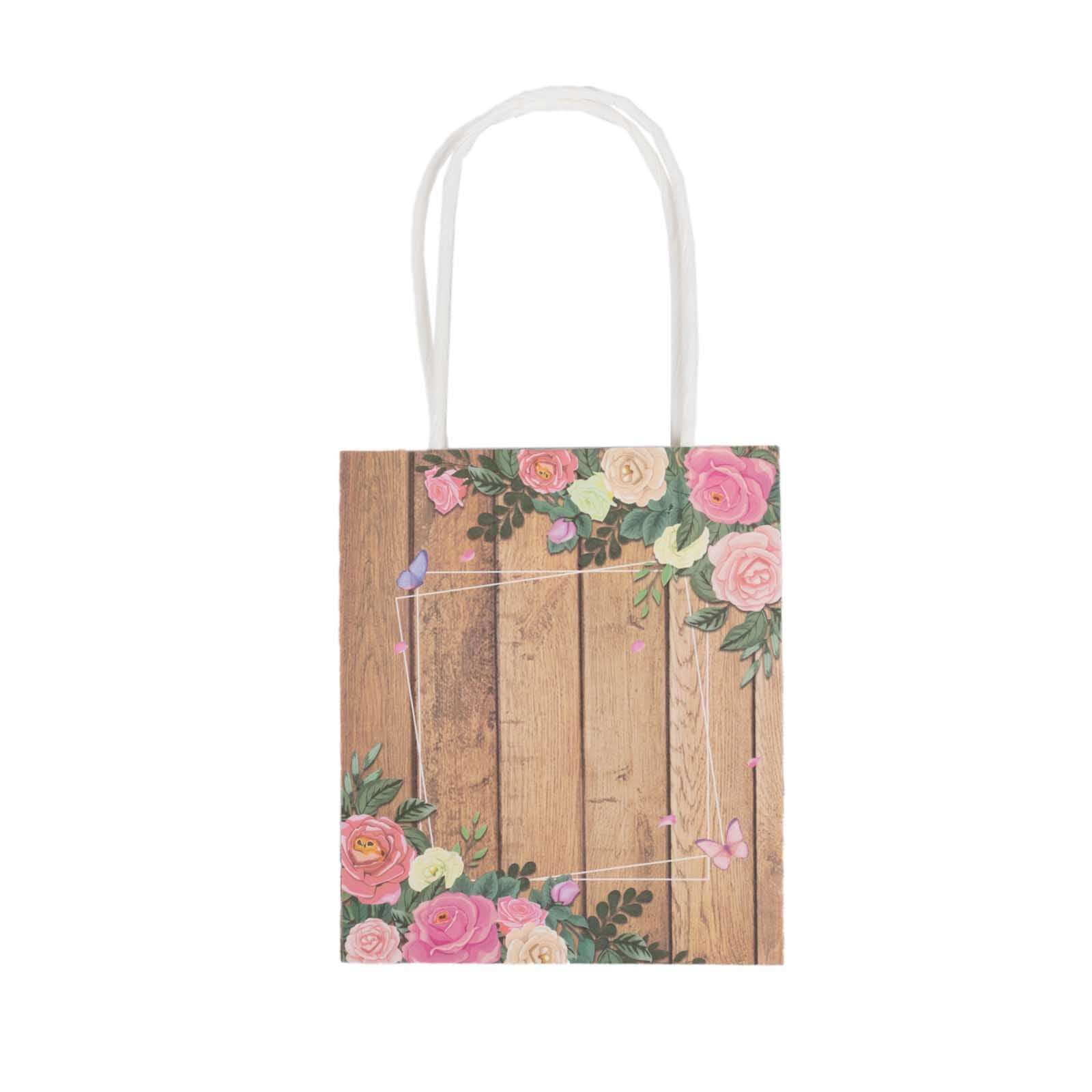 12 Pack Natural Wood Print Paper Gift Bags with Rose Floral Accent, Small Party Favor Goodie Bags With Handles - 4"x5" - Image 7