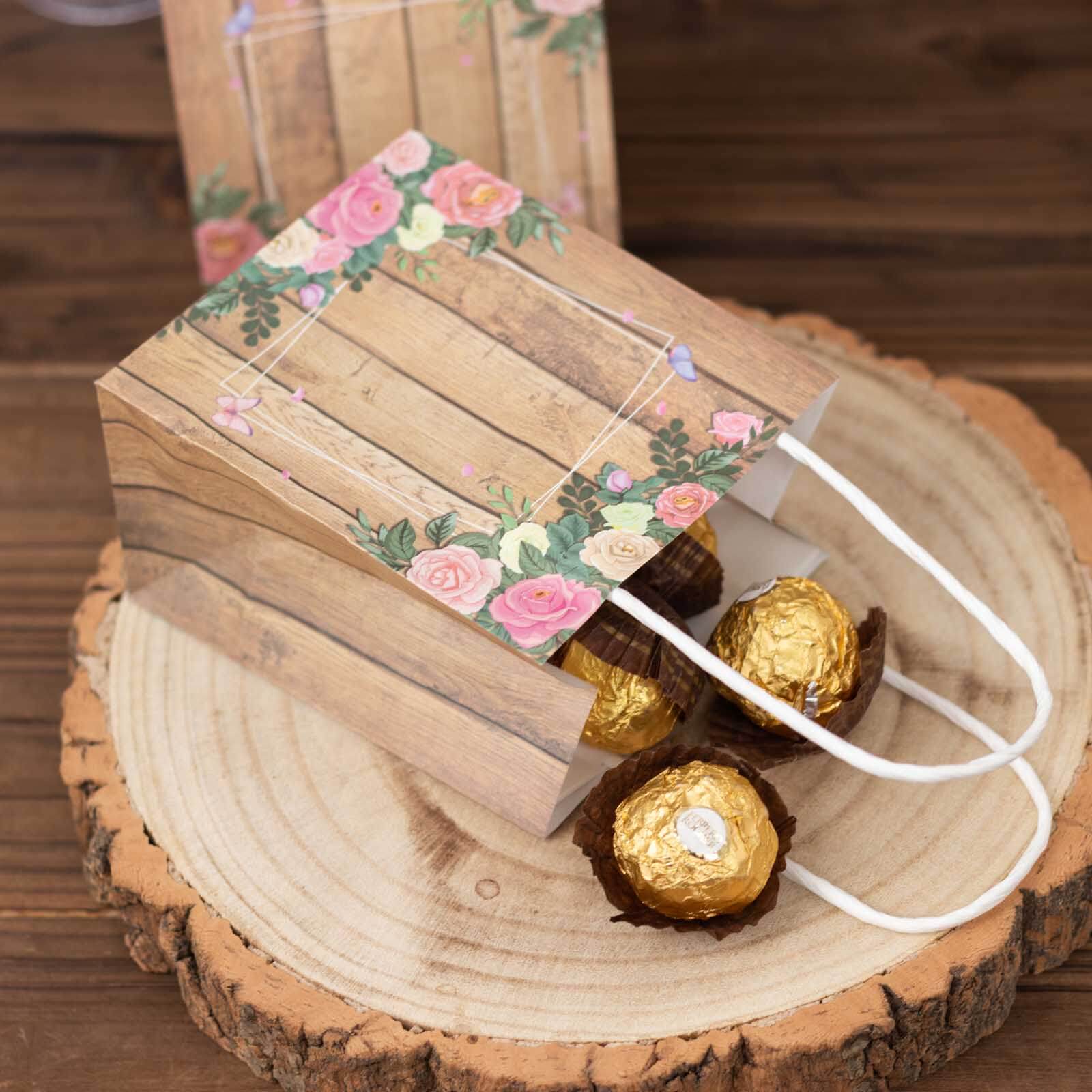 12 Pack Natural Wood Print Paper Gift Bags with Rose Floral Accent, Small Party Favor Goodie Bags With Handles - 4"x5" - Image 9