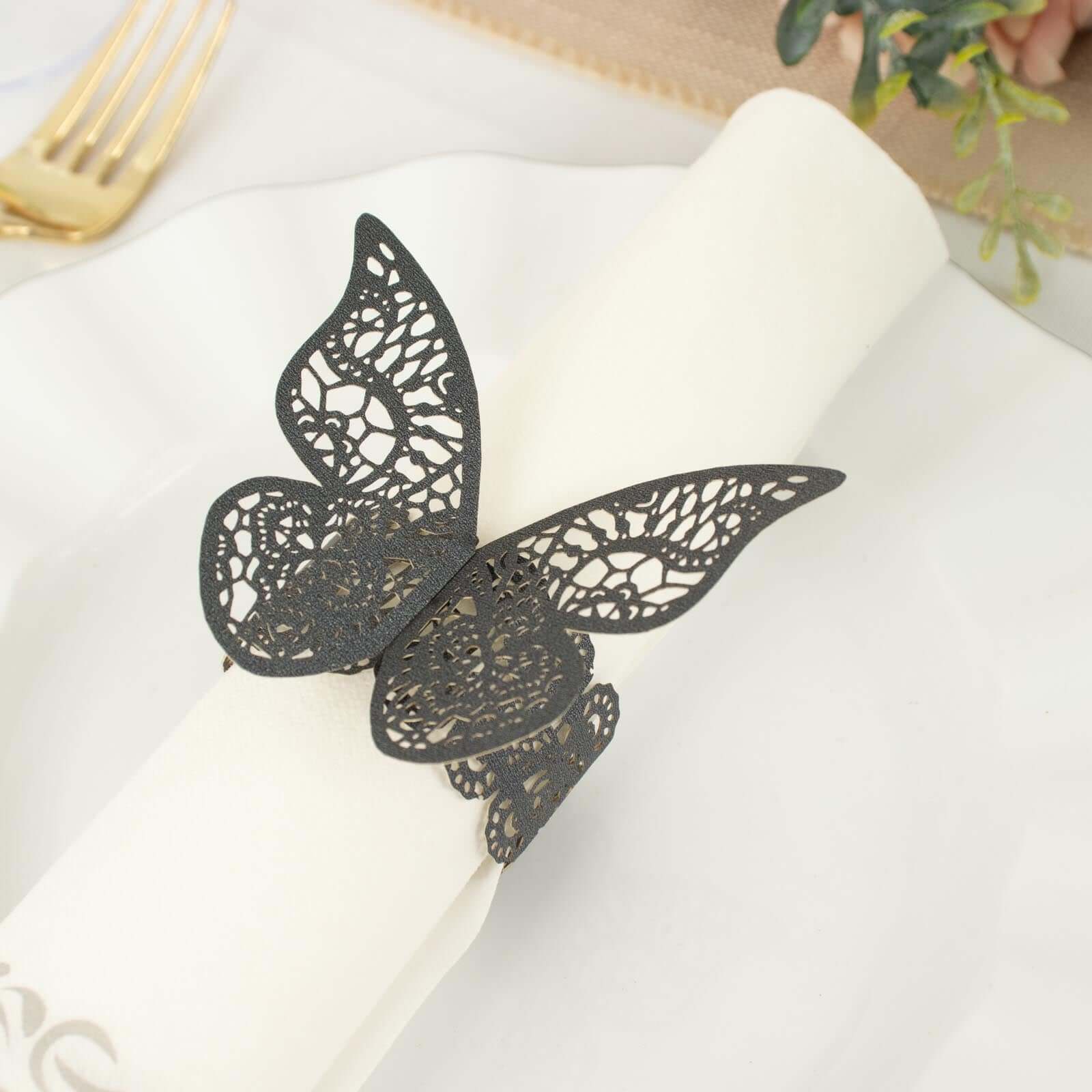 12-Pack Paper Napkin Rings Black Shimmery Butterfly Laser Cut - Serviette Holders and Chair Sash Bows