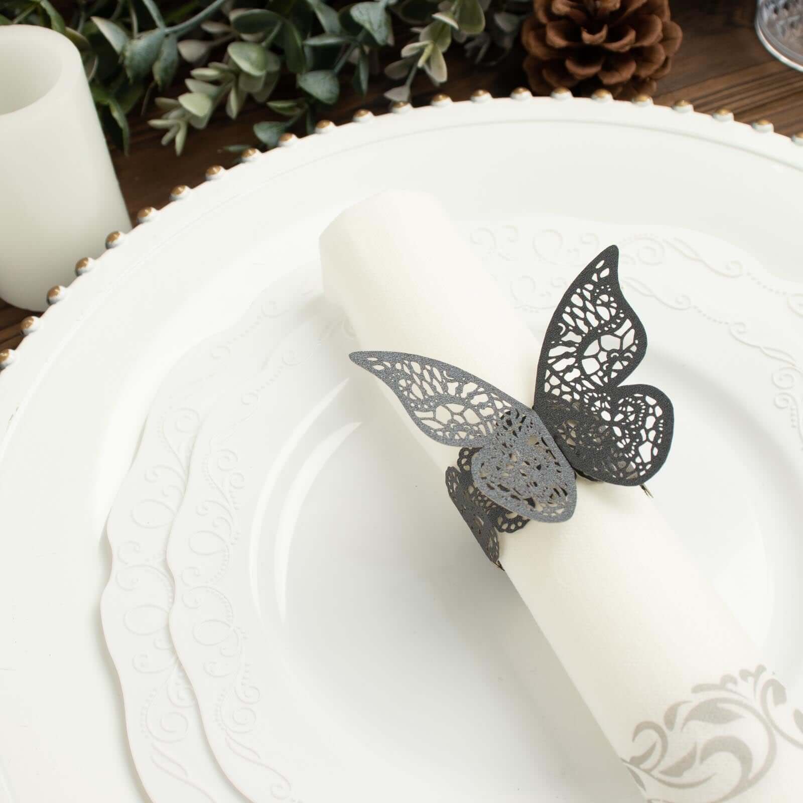 12-Pack Paper Napkin Rings Black Shimmery Butterfly Laser Cut - Serviette Holders and Chair Sash Bows - Image 10